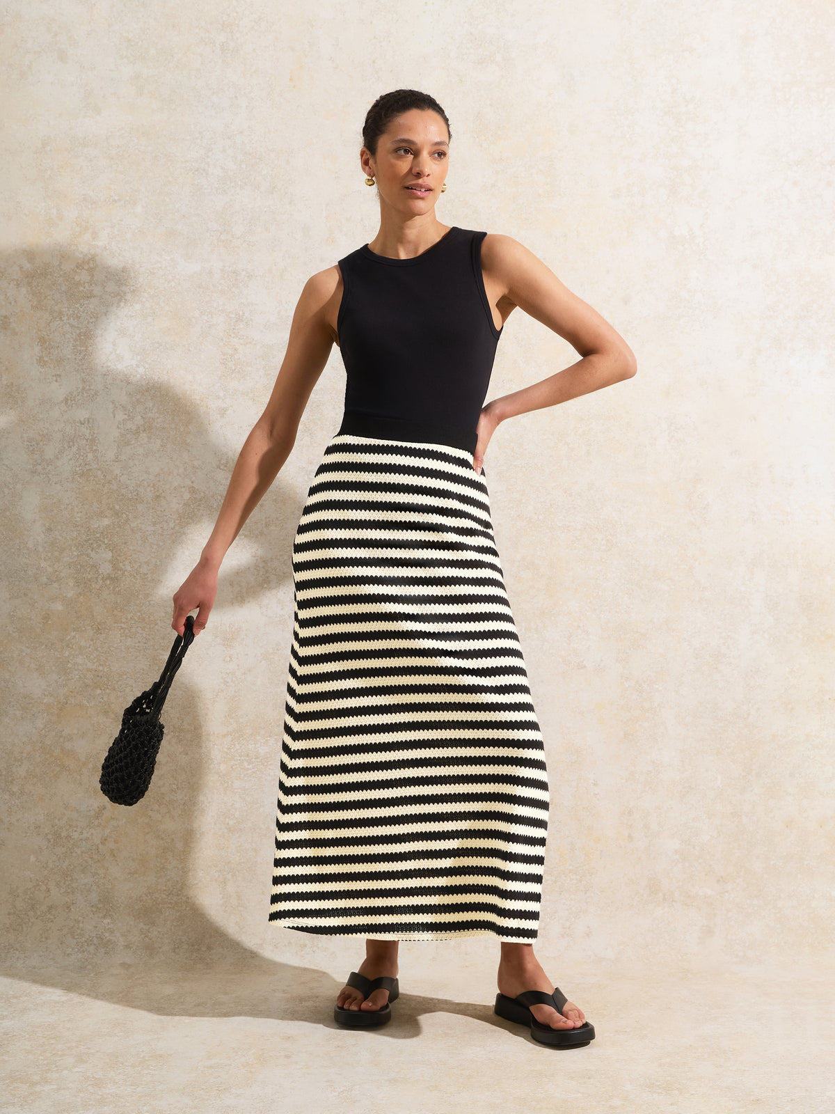 Petite Mono Chevron-Stripe Knitted Midaxi Skirt
