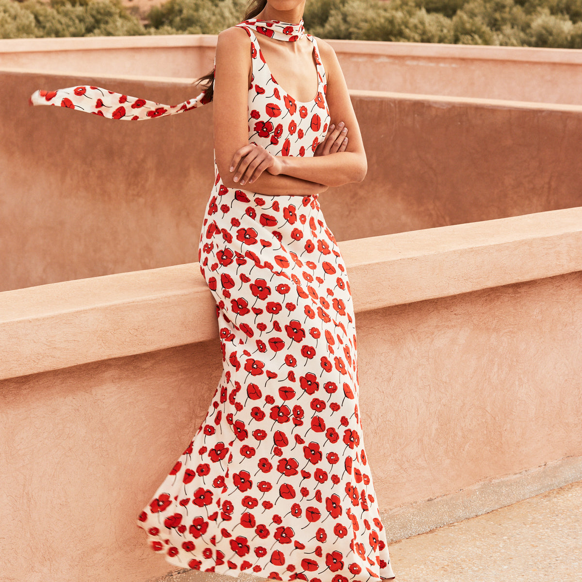 red poppy print dress Red & White Poppy Print Mesh Midi Dress