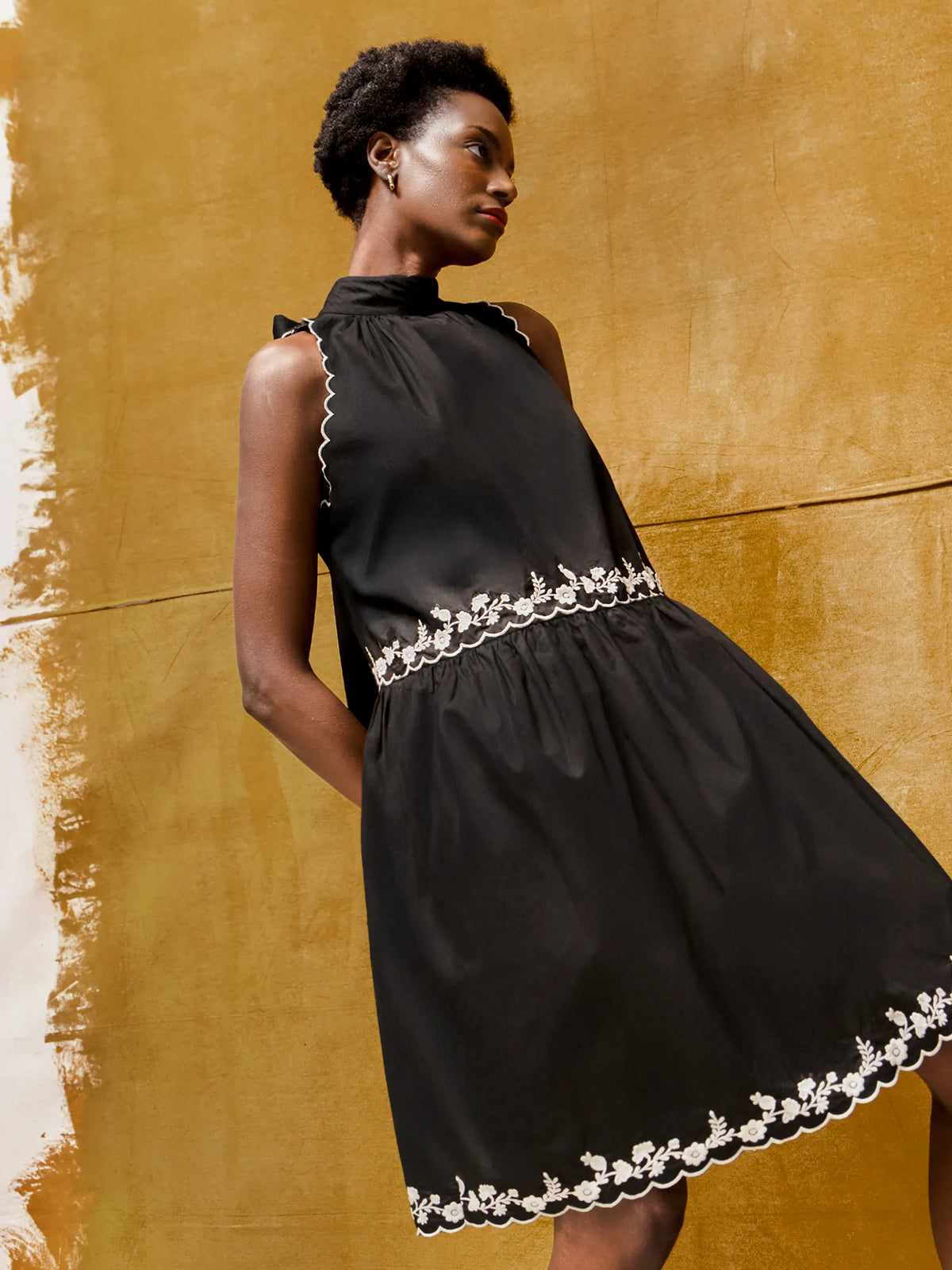 Black Embroidered Scallop Short Dress