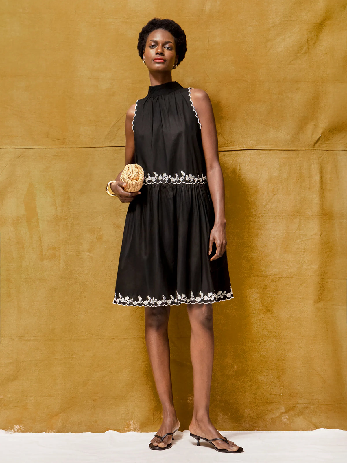 Black Embroidered Scallop Short Dress