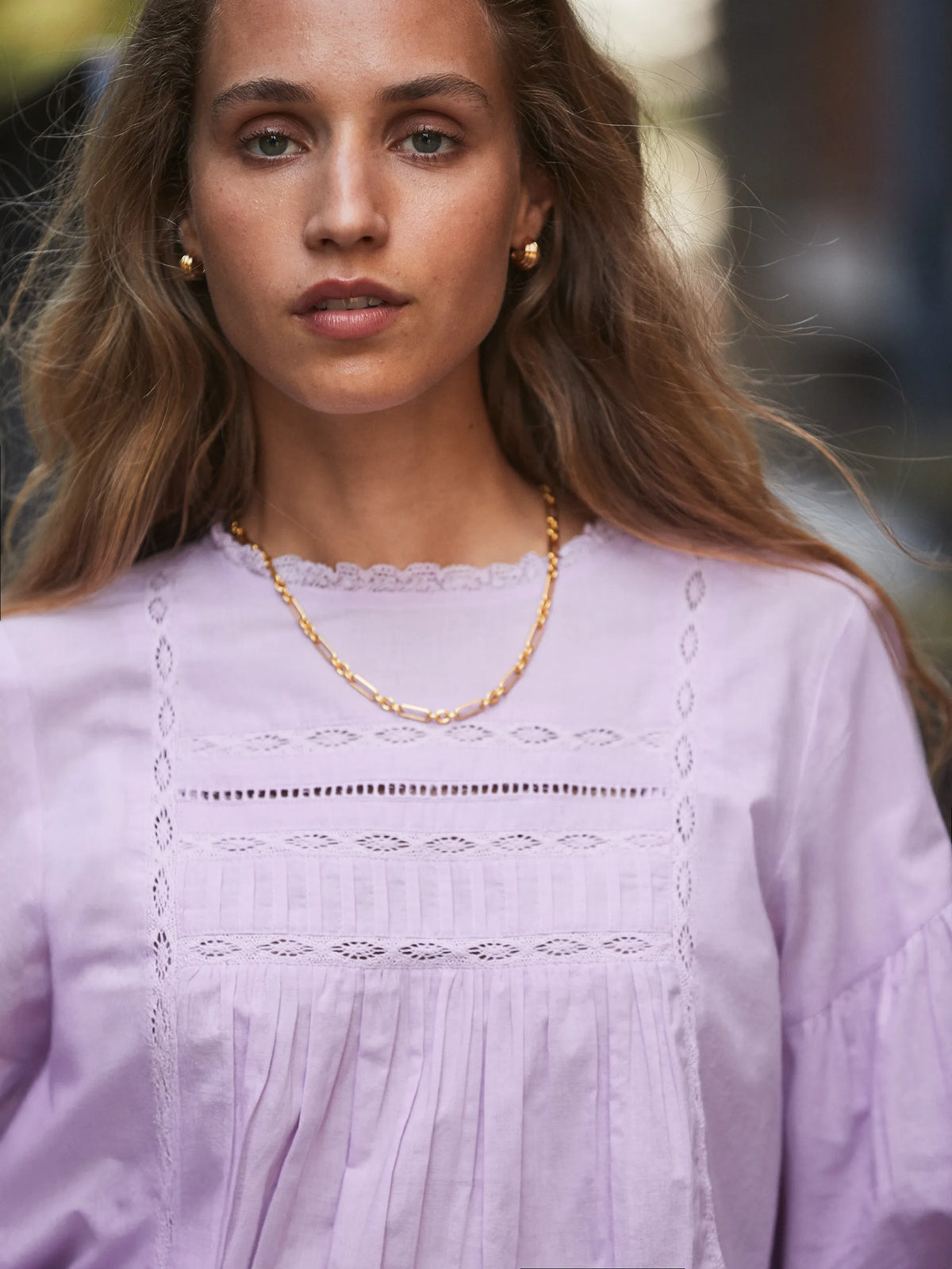 Lilac Crochet-Detail Cotton Blouse