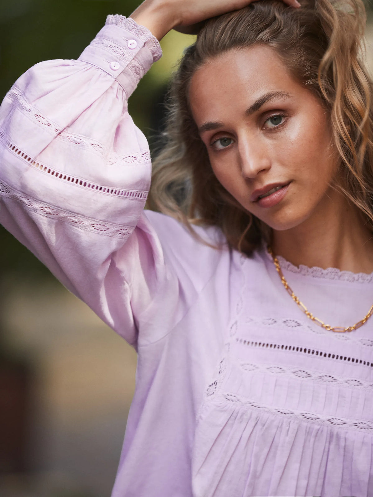 Lilac Crochet-Detail Cotton Blouse