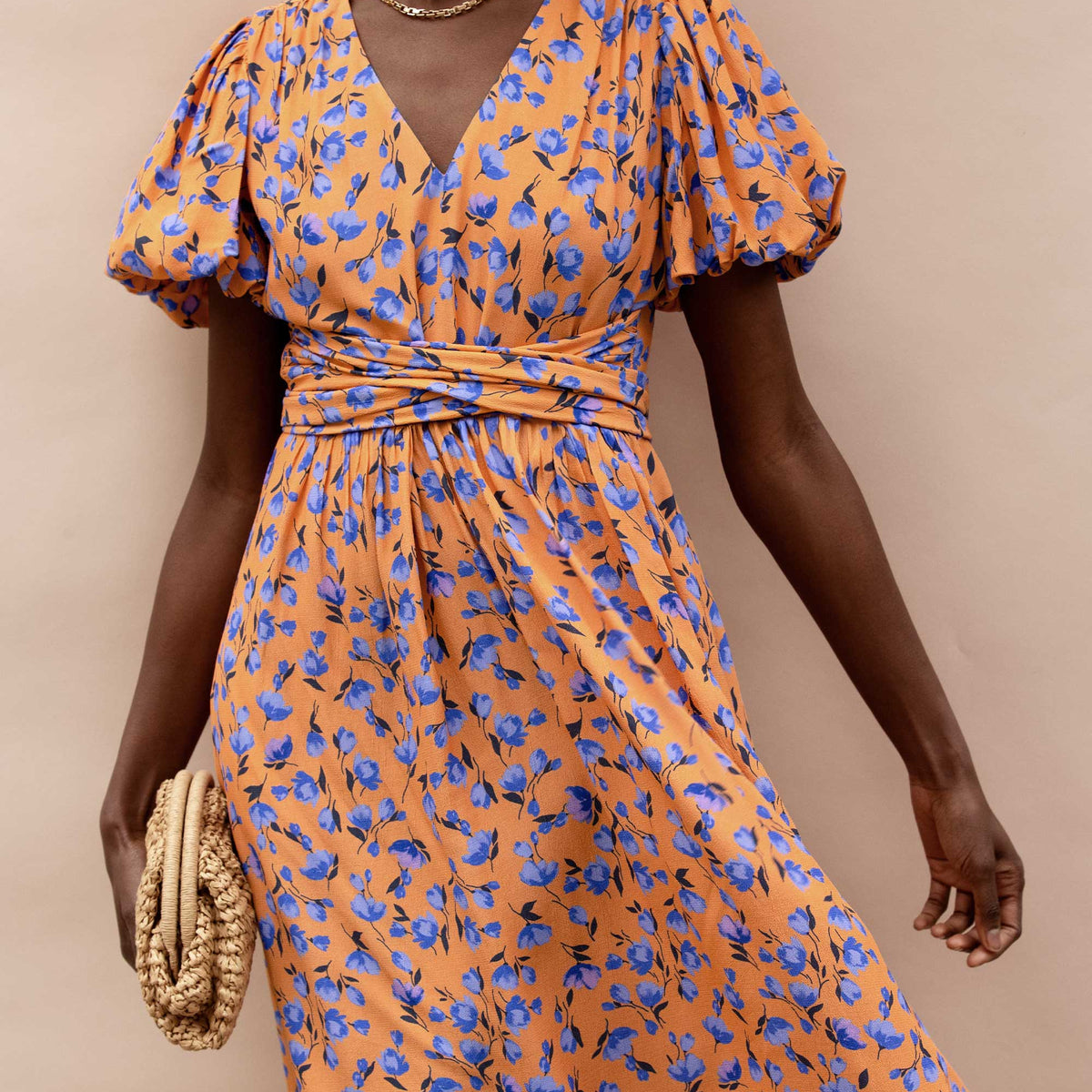 Orange And Blue Floral Puff Sleeve Dress – Ro&Zo