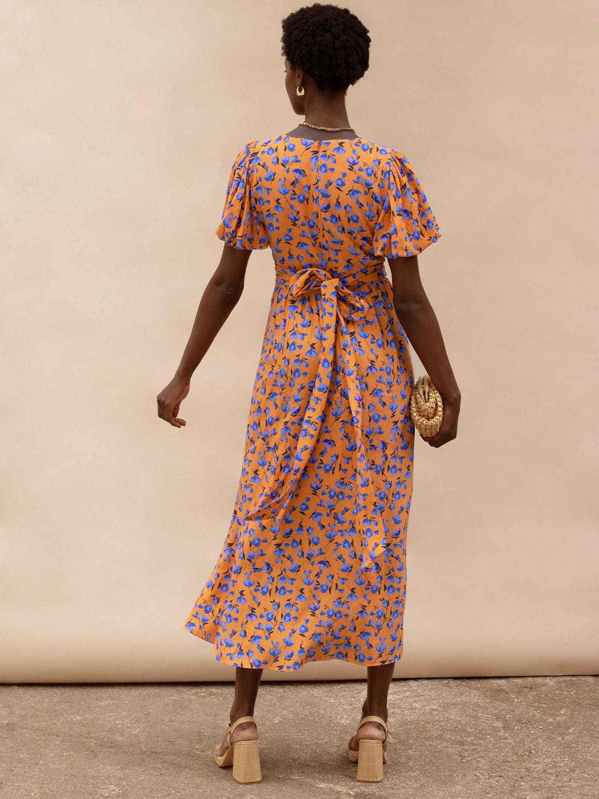 Orange And Blue Floral Puff Sleeve Dress