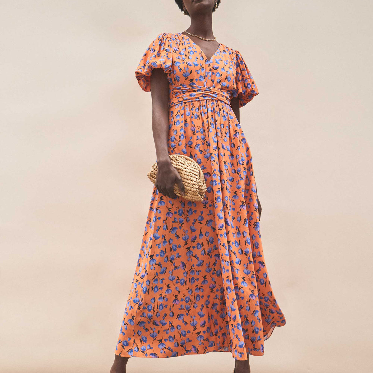 Orange And Blue Floral Puff Sleeve Dress Ro&Zo Orange And Blue Floral Puff Sleeve Dress Ro&Zo