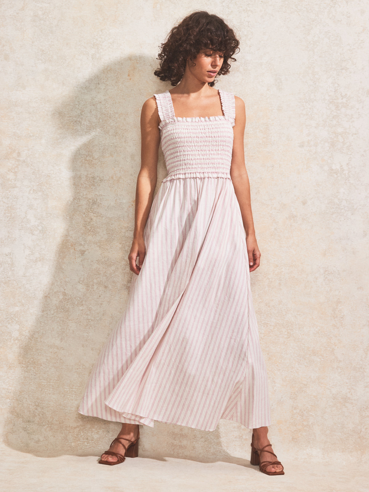 Petite Pink Stripe Shirred Dress