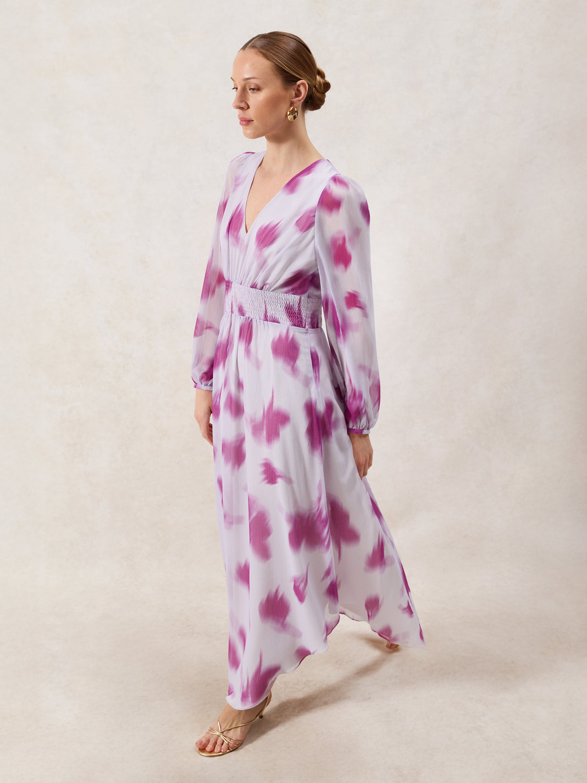 Petite Anya Pink Blurred-Floral Smock-Waist Dress