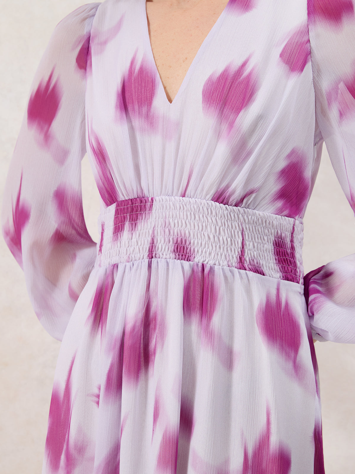Petite Anya Pink Blurred-Floral Smock-Waist Dress