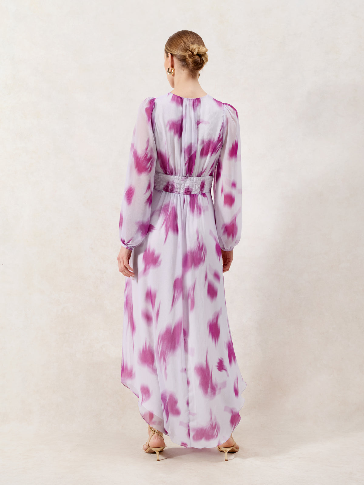 Petite Anya Pink Blurred-Floral Smock-Waist Dress