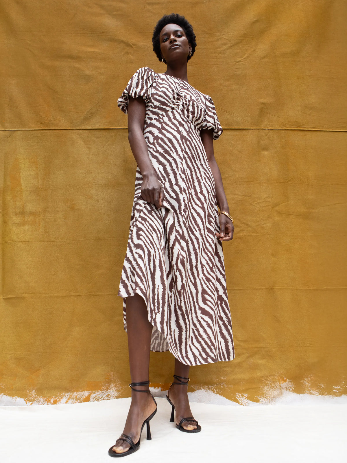 Brown Zebra Print Puff Sleeve Dress