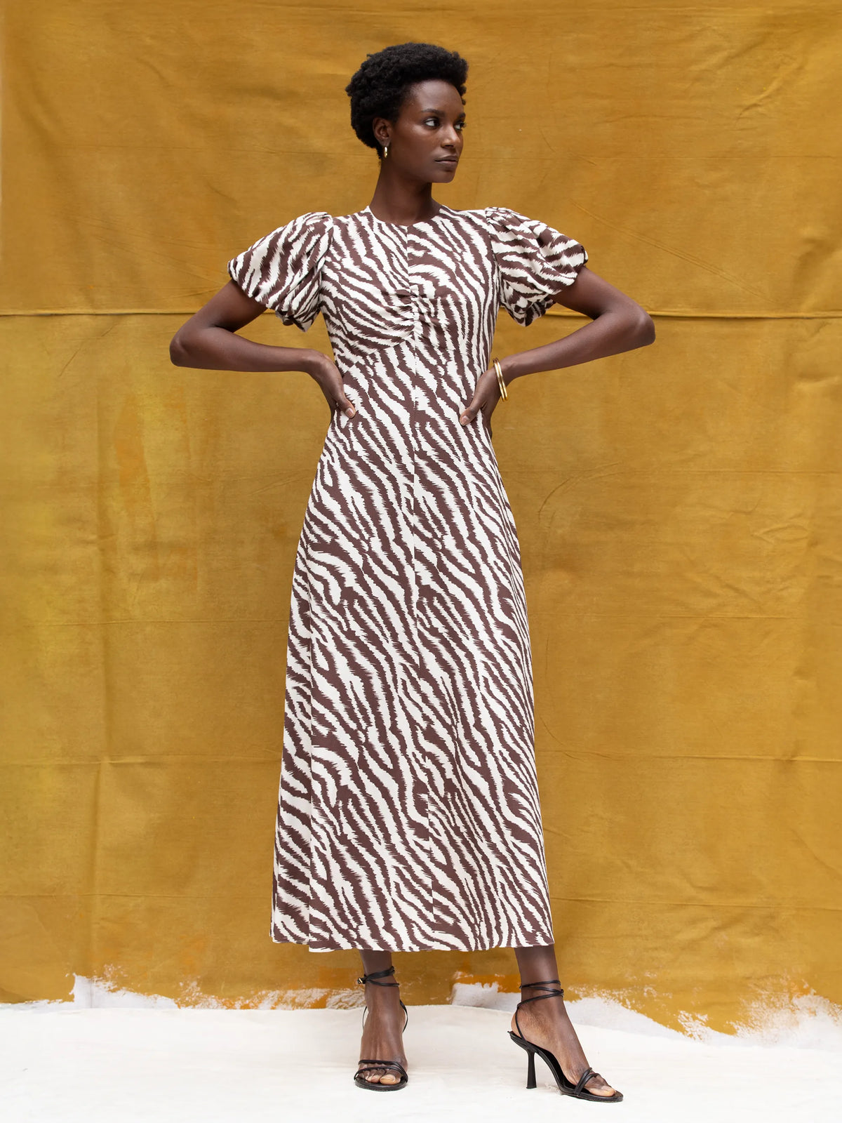 Brown Zebra Print Puff Sleeve Dress