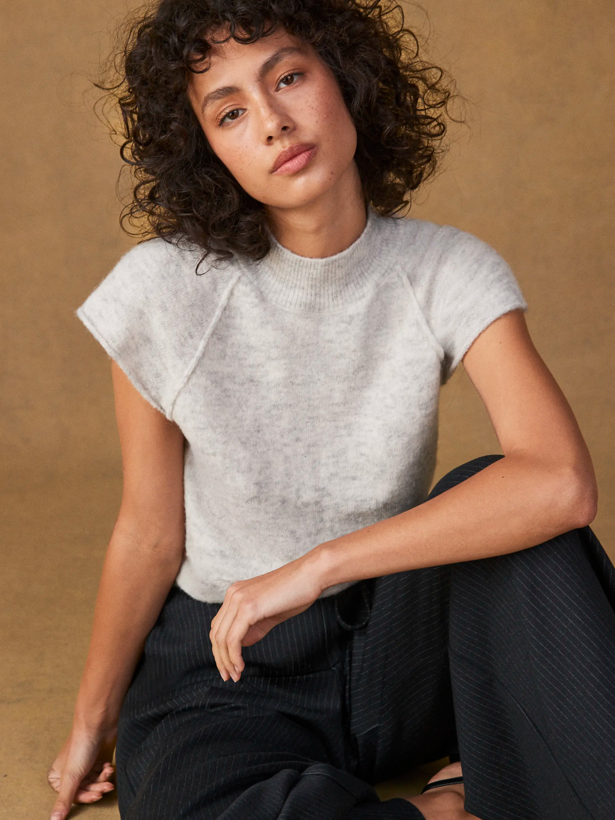 Grey Turtleneck Knit Top with Wool and Alpaca