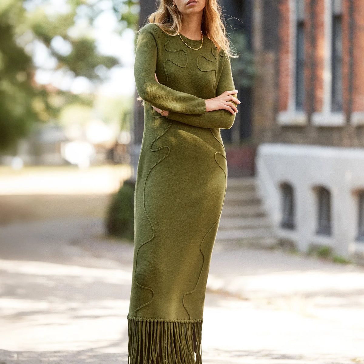 Khaki-Green Appliqu d Knit Midi Dress with Wool – Ro&Zo