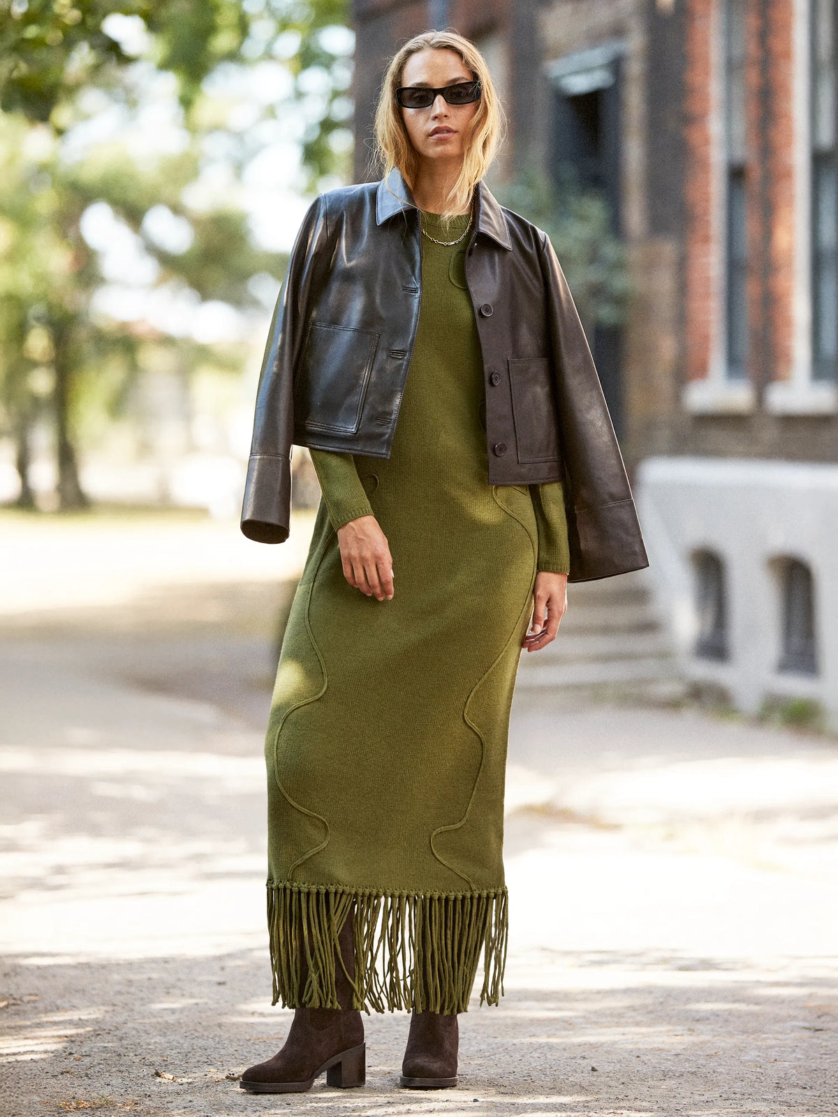 Khaki-Green Appliquéd Knit Midi Dress with Wool