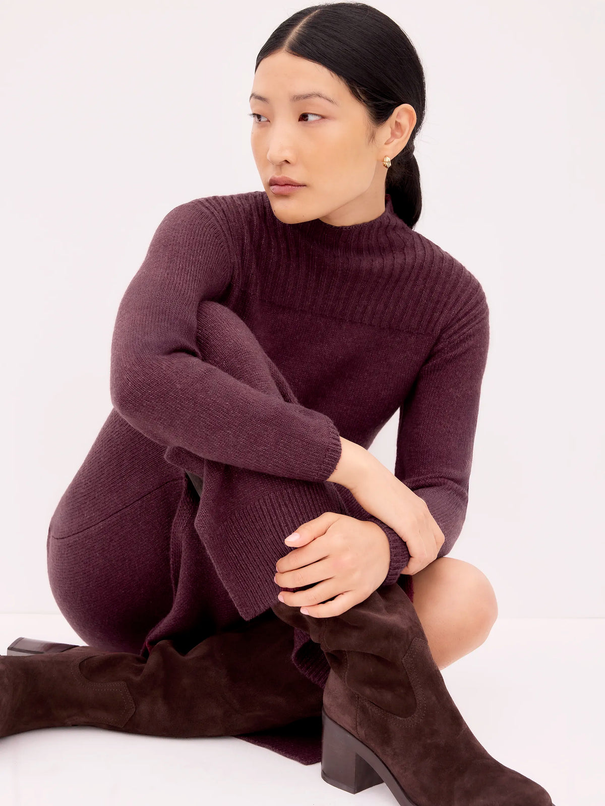 Petite Burgundy Rib Knit High Neck Dress