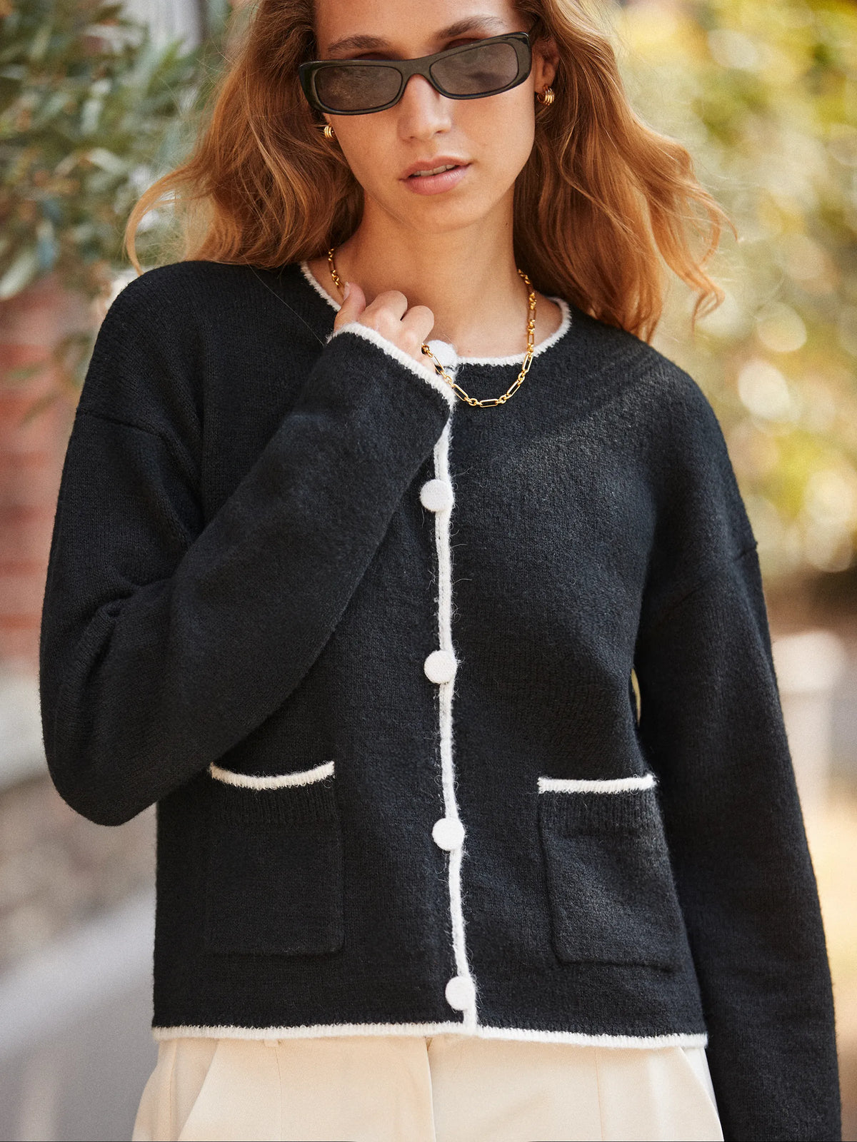 Contrast-Stitch Knit Cardigan with Wool and Alpaca