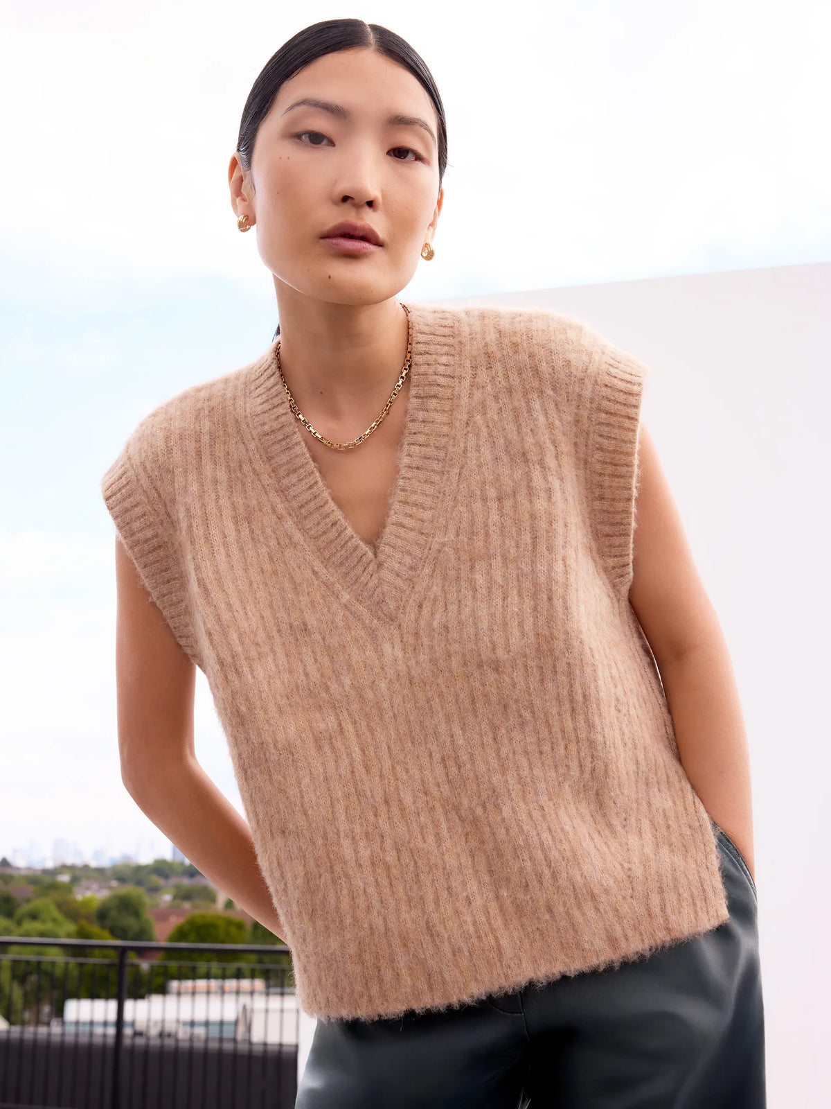 Caramel V-Neck Knit Vest with Wool and Alpaca