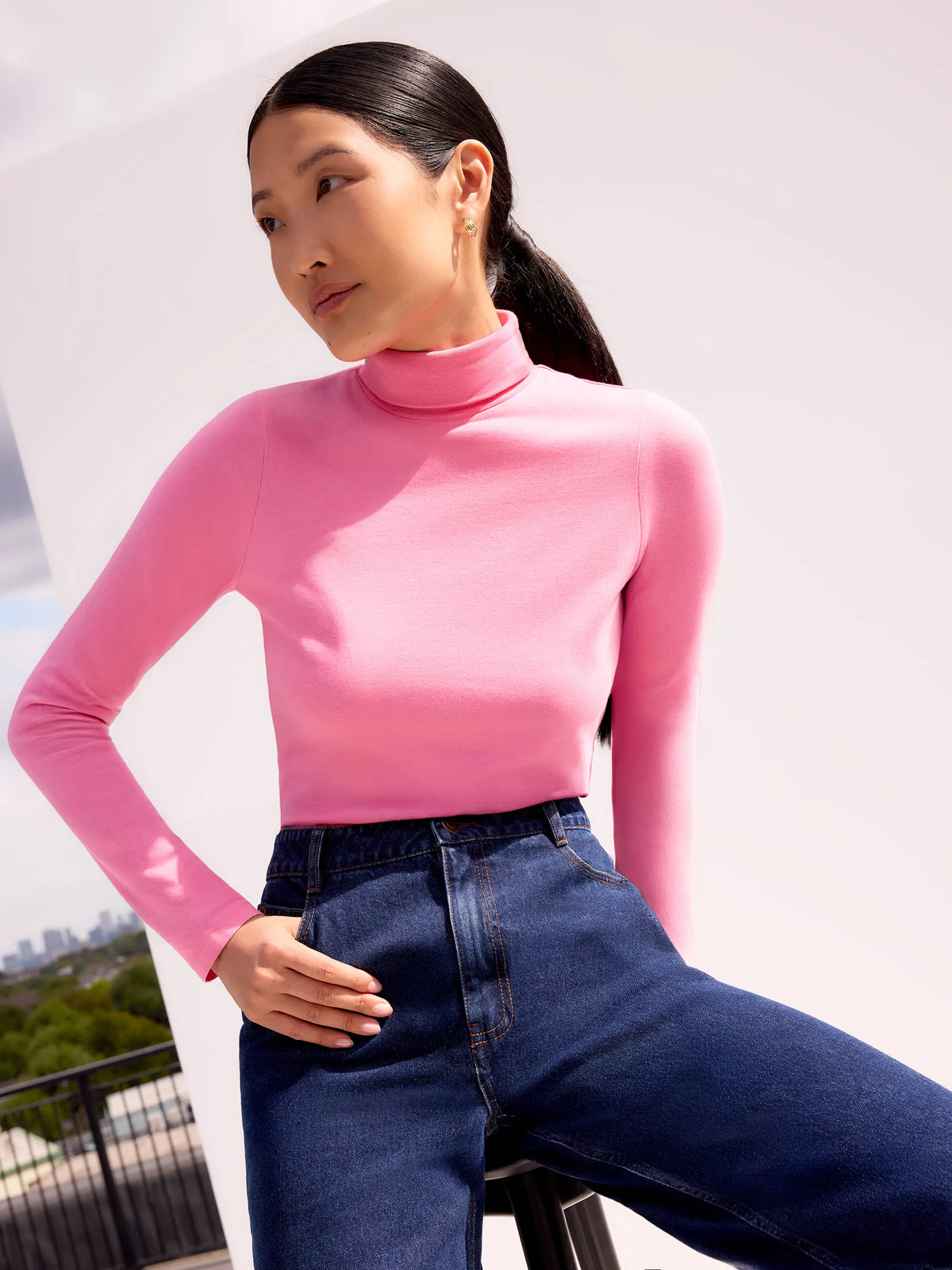 Pink Turtleneck Stretch Cotton-Modal Top