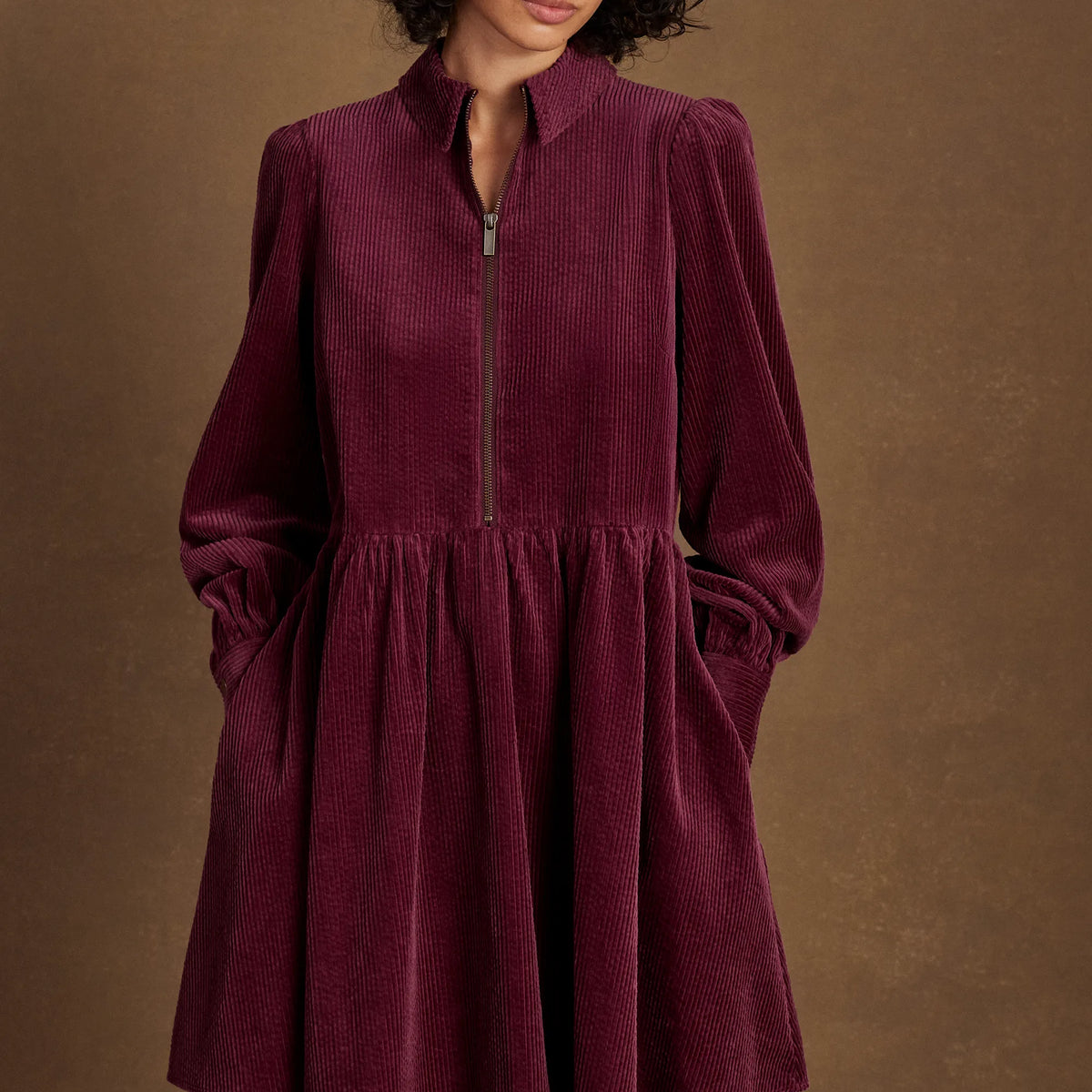 Burgundy Cord Zip Front Mini Dress – Ro&Zo