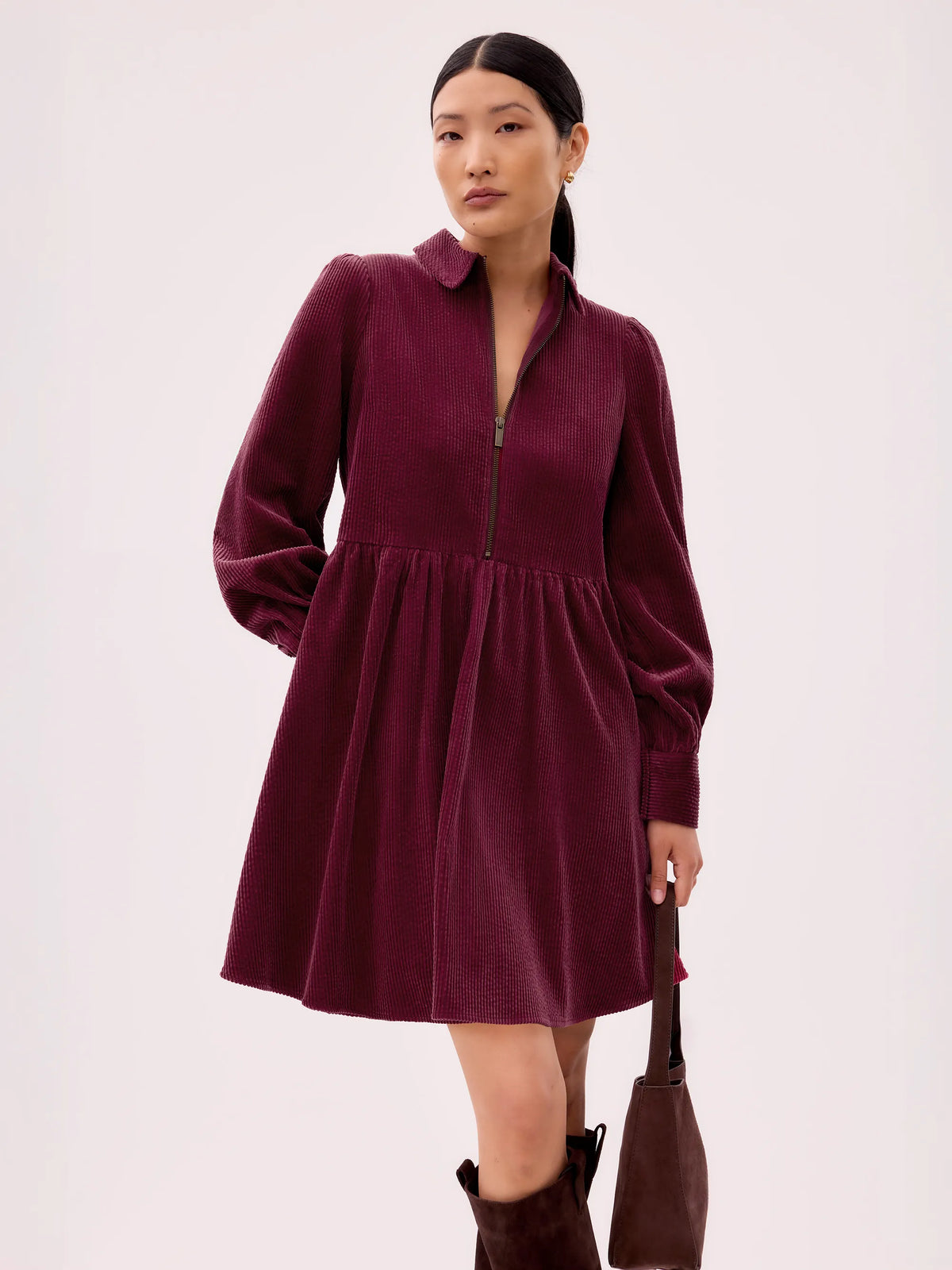 Burgundy Cord Zip Front Mini Dress