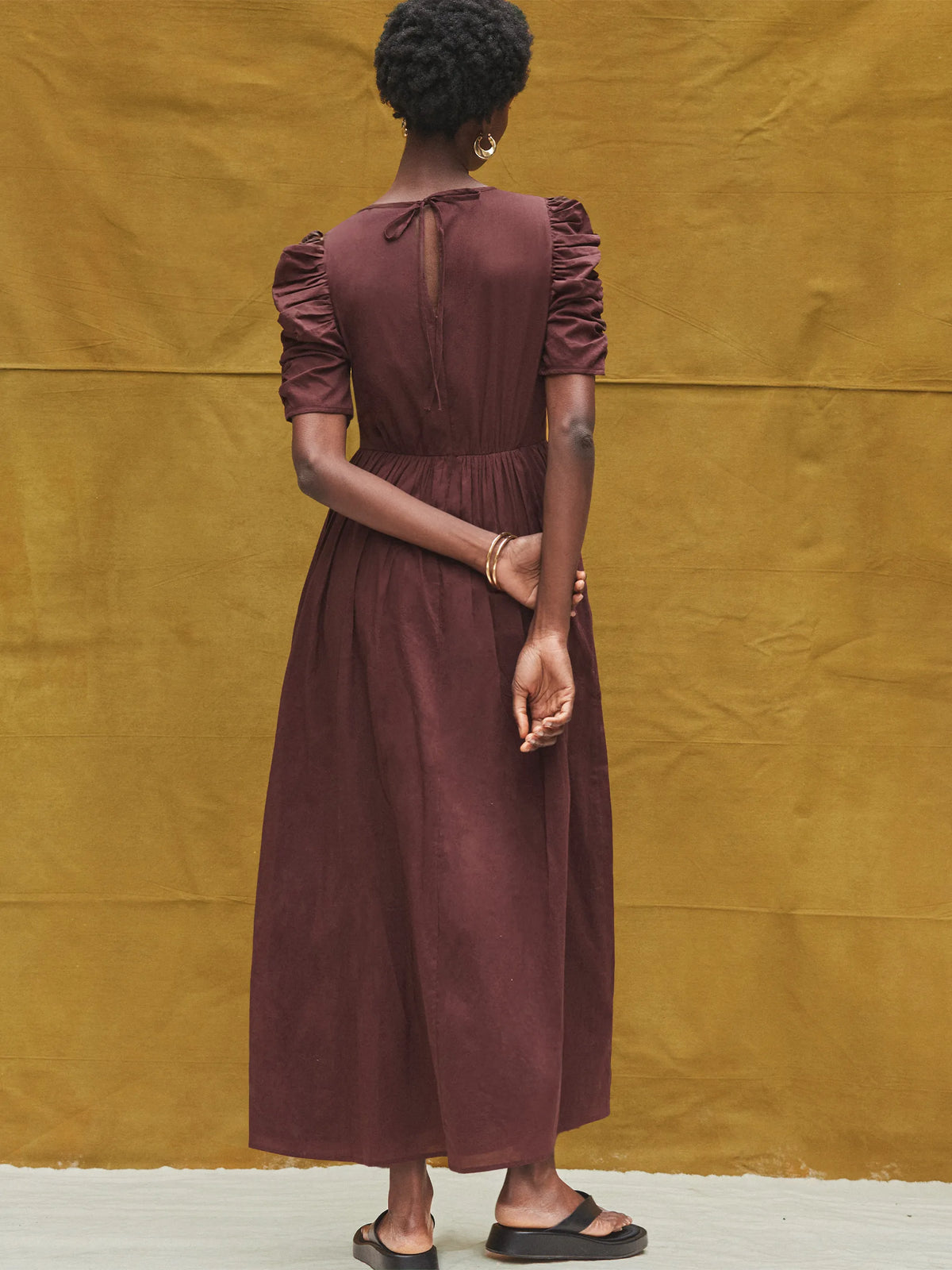 Chocolate Puff-Sleeve Cotton Midi Dress