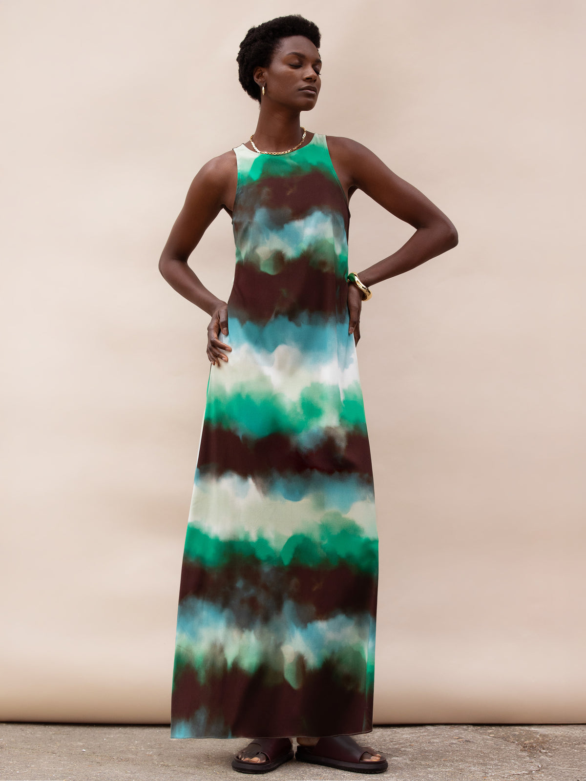 Green Watercolour Print Maxi Dress