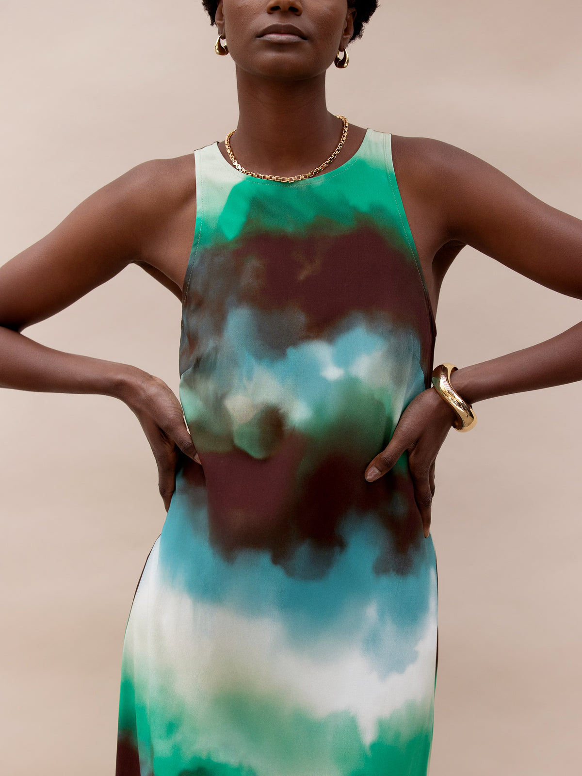 Green Watercolour Print Maxi Dress