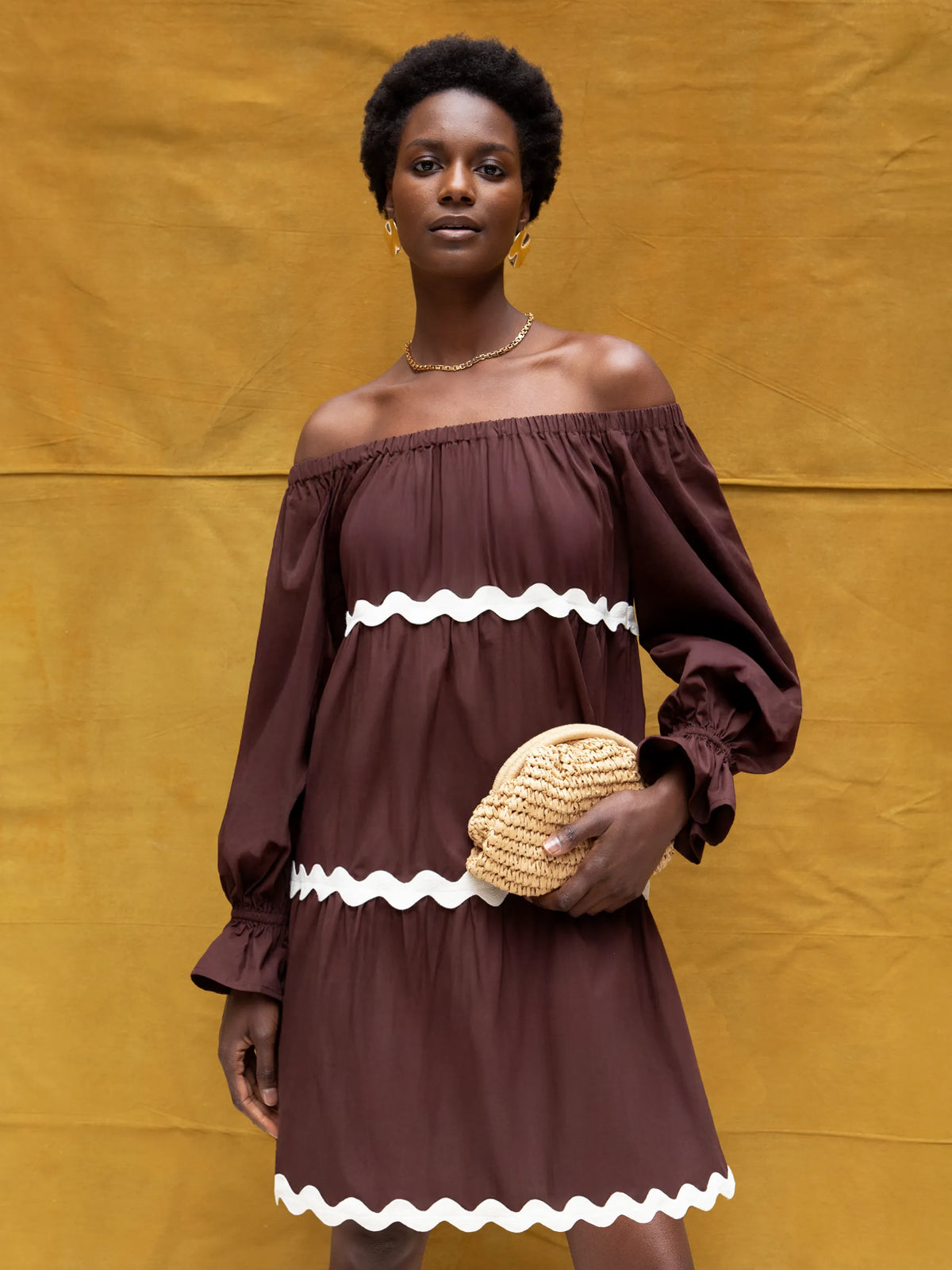 Brown Bardot Contrast Trim Dress