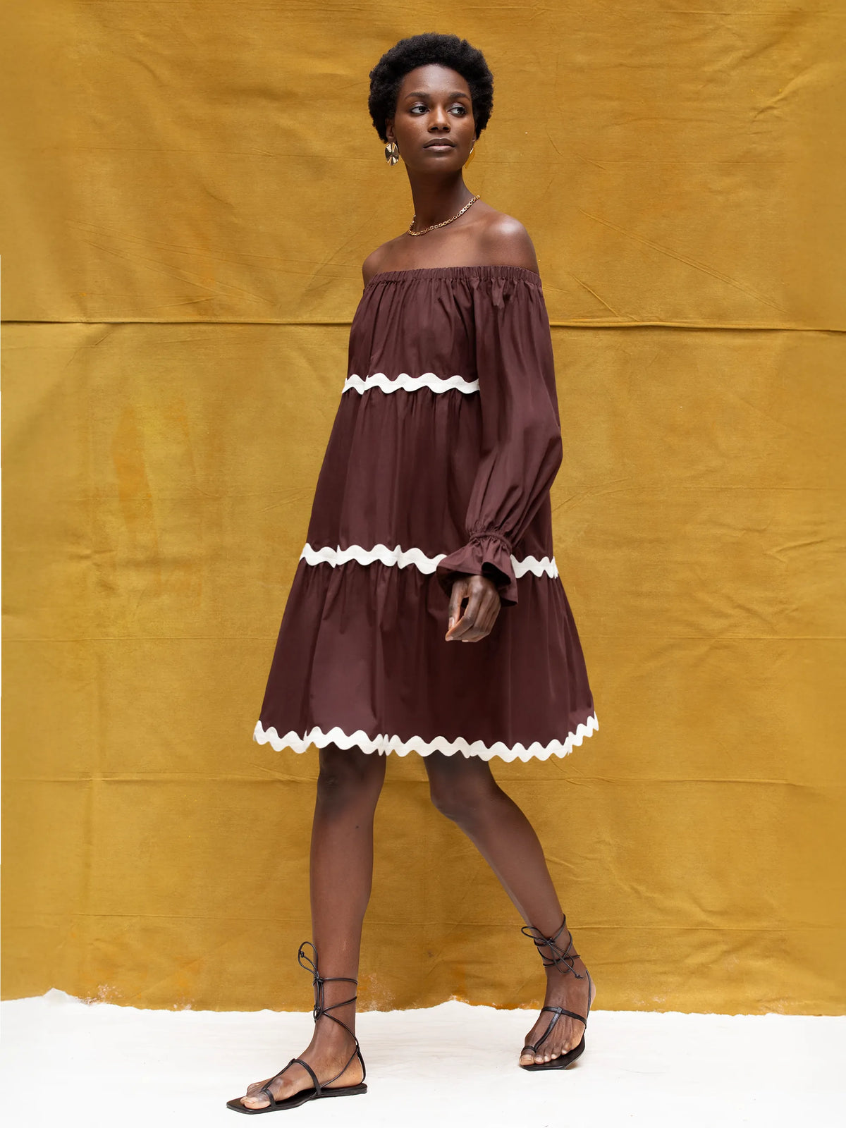 Brown Bardot Contrast Trim Dress