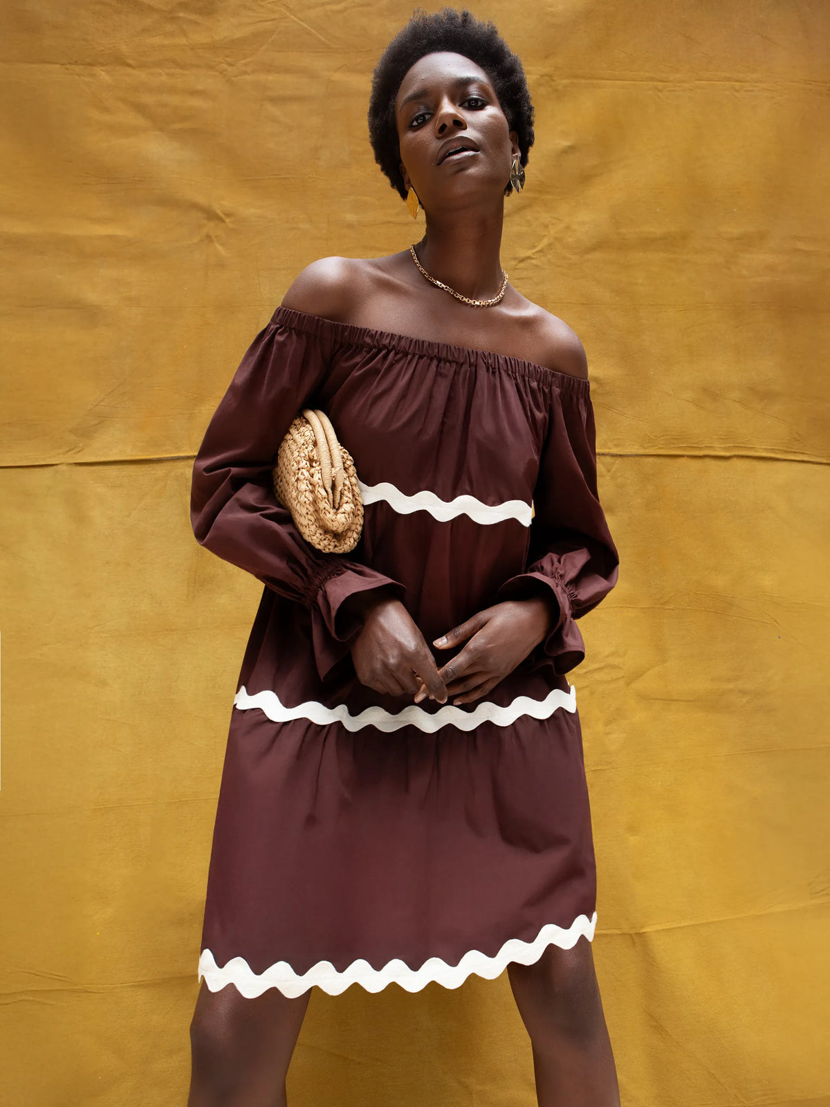 Brown Bardot Contrast Trim Dress