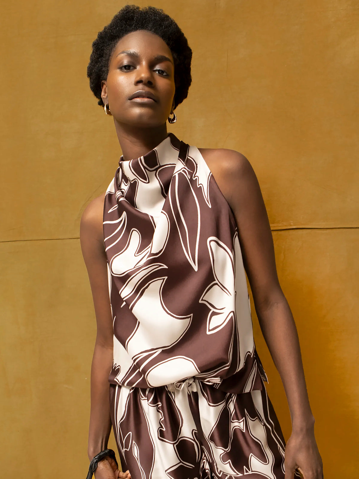Brown Swirl Print Drape Top