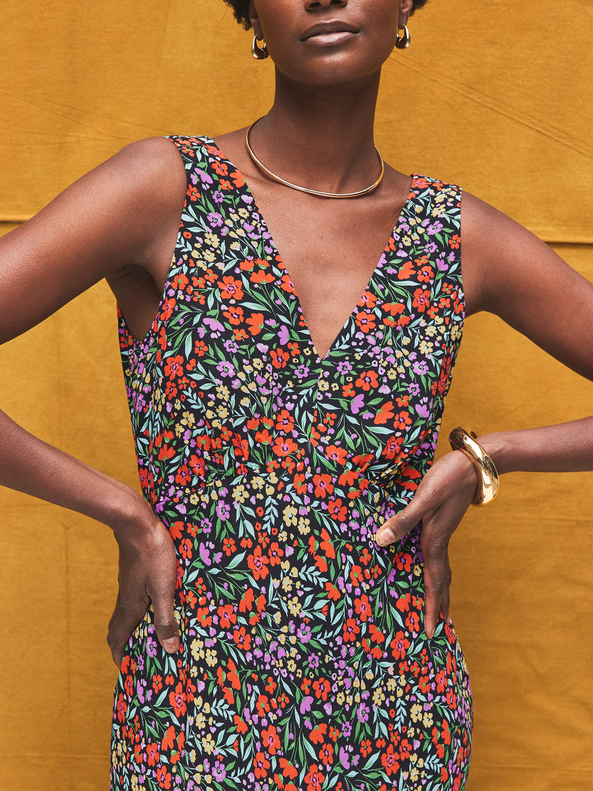 Ditsy-Print V-Neck Midi Dress
