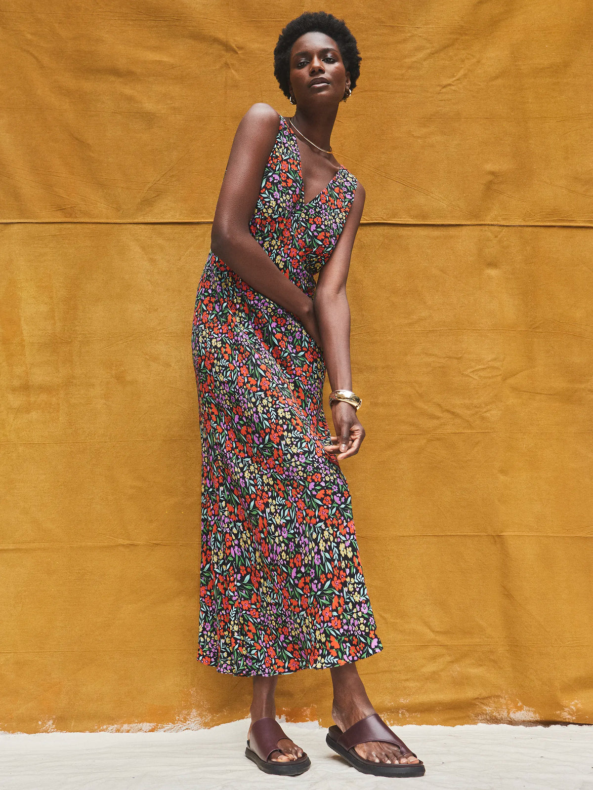 Ditsy-Print V-Neck Midi Dress