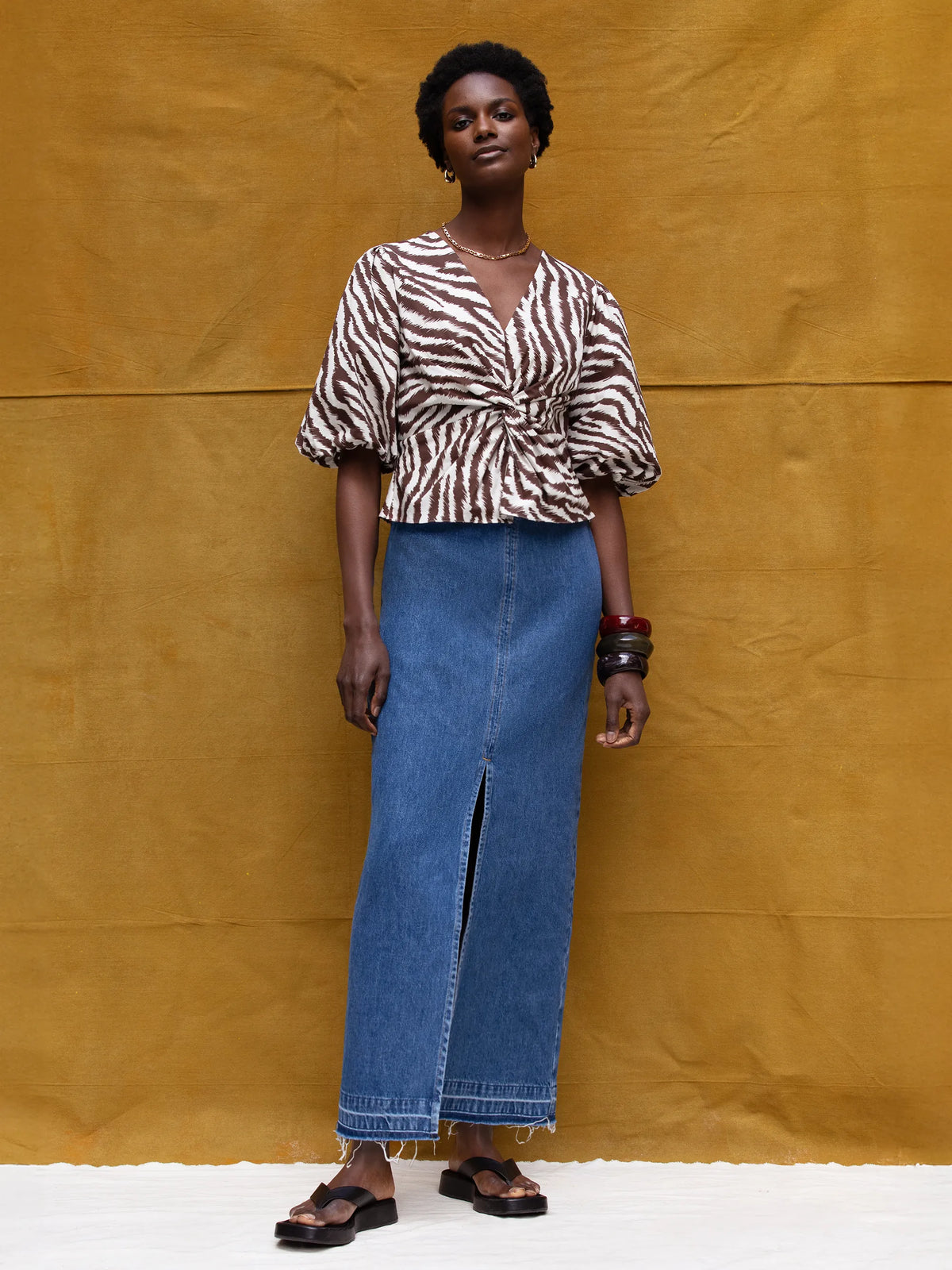 Brown Zebra Print Twist Front Cotton Blouse