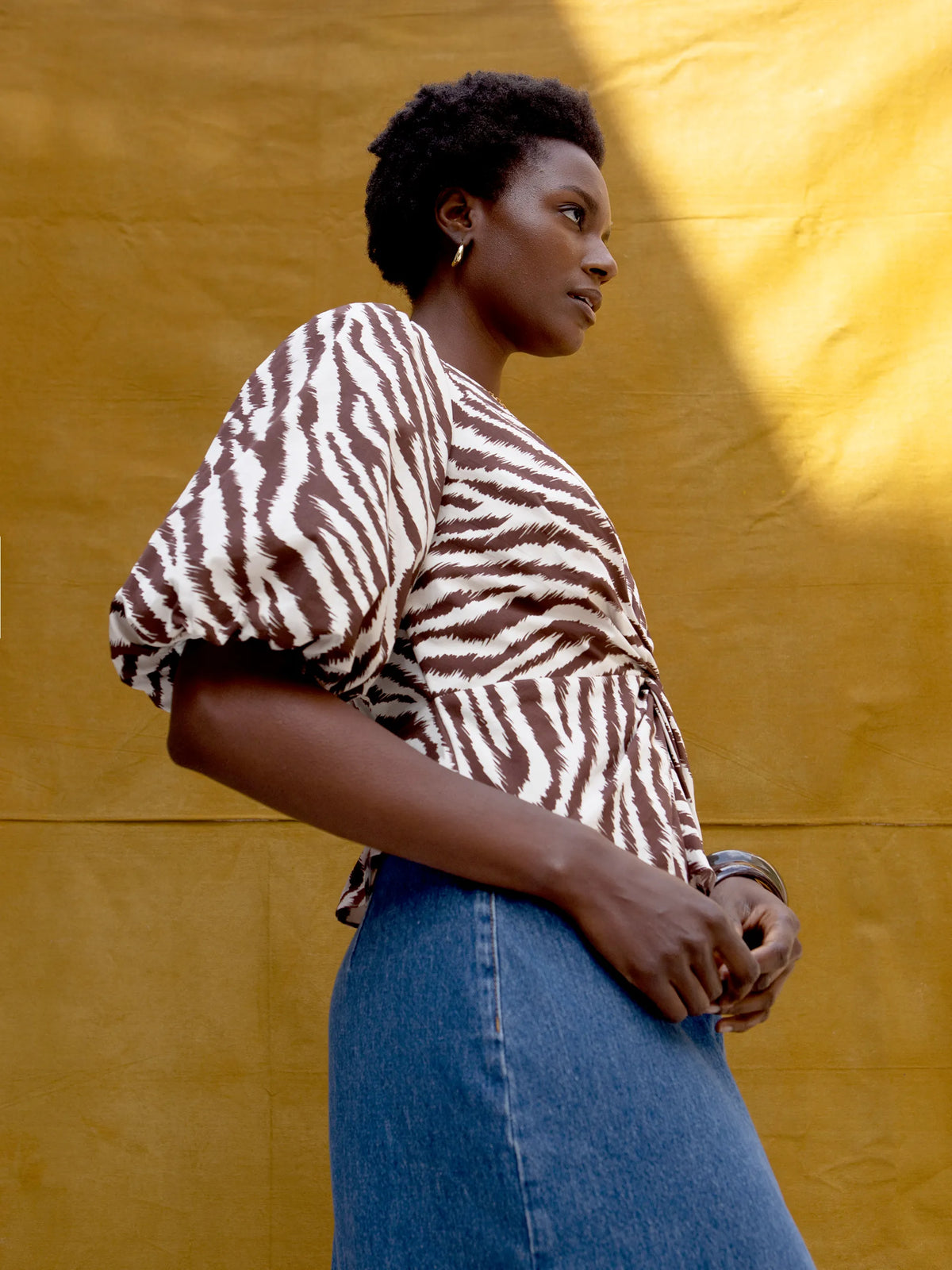 Brown Zebra Print Twist Front Cotton Blouse