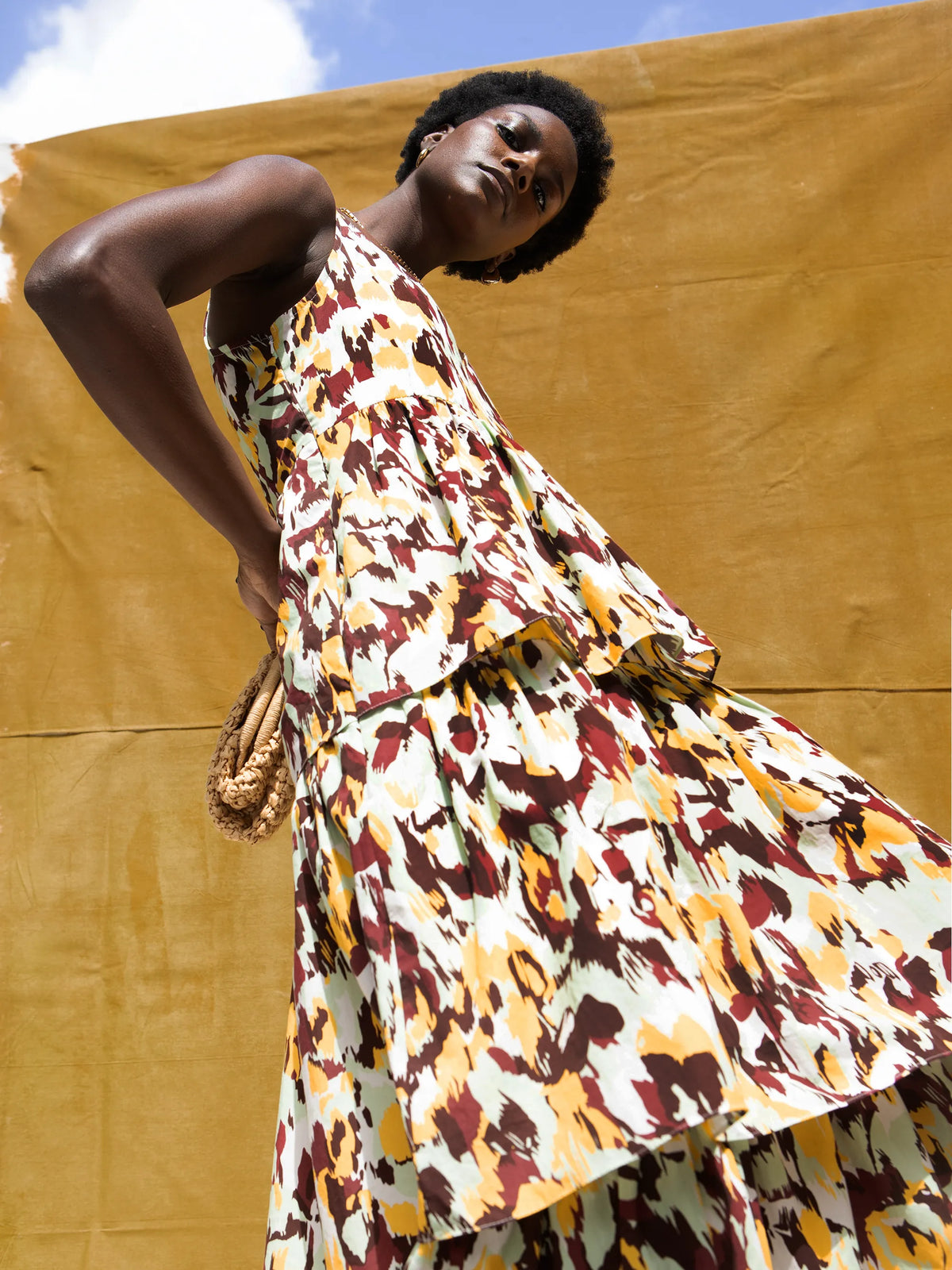 Yellow Confetti Printed Tiered Dress