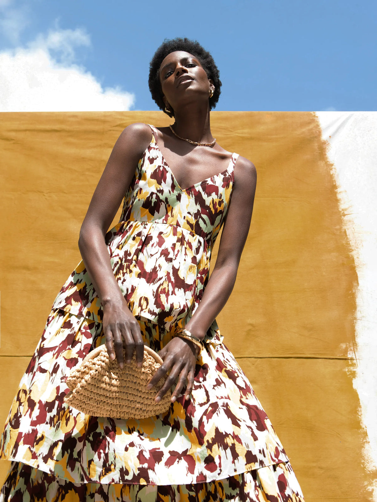 Yellow Confetti Printed Tiered Dress