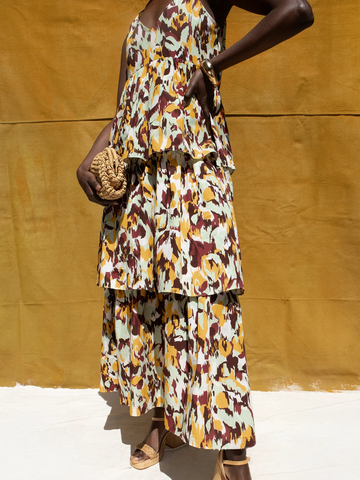 Yellow Confetti Printed Tiered Dress