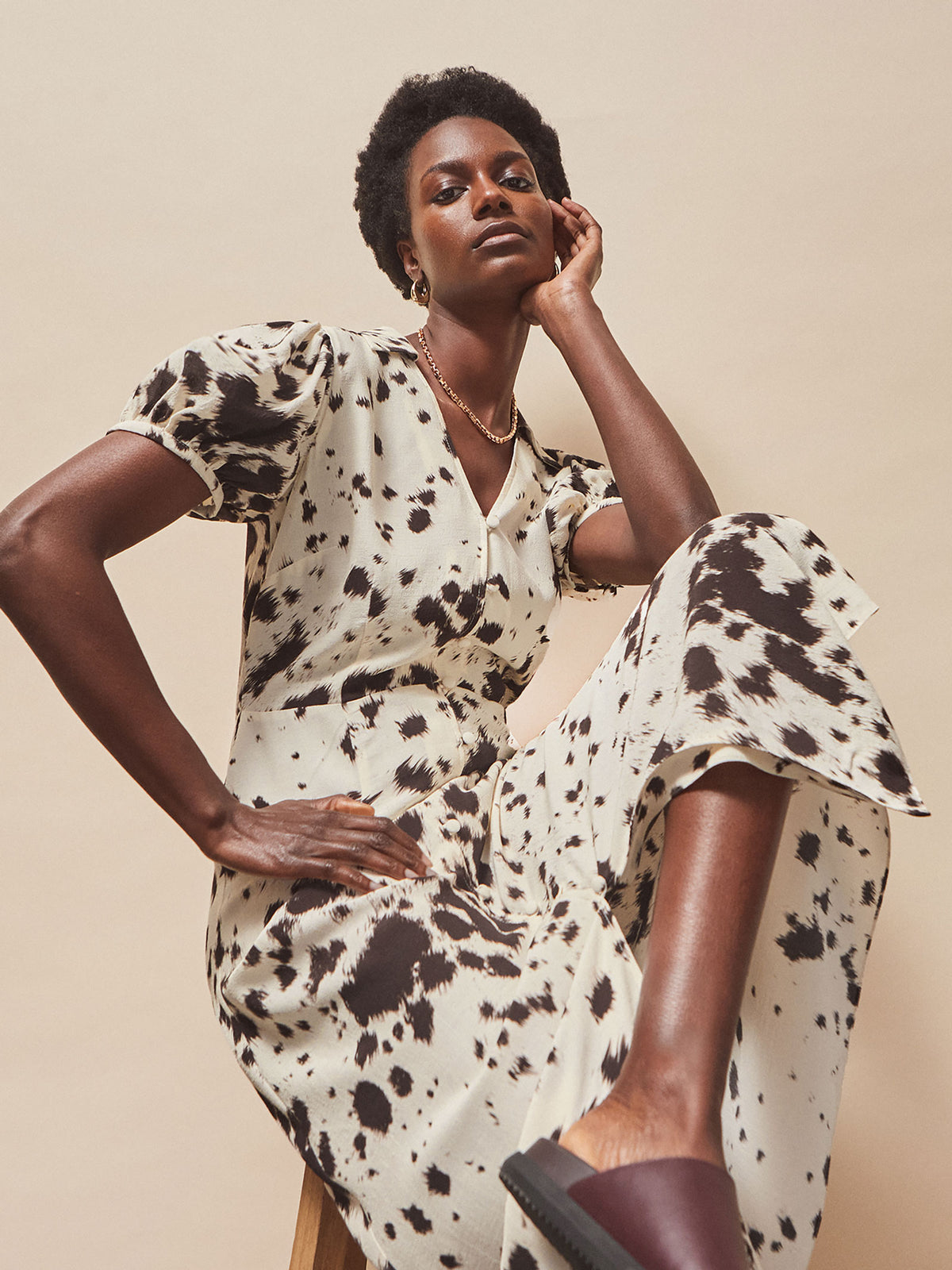 Petite Cow-Print Button-Front Shirt Dress