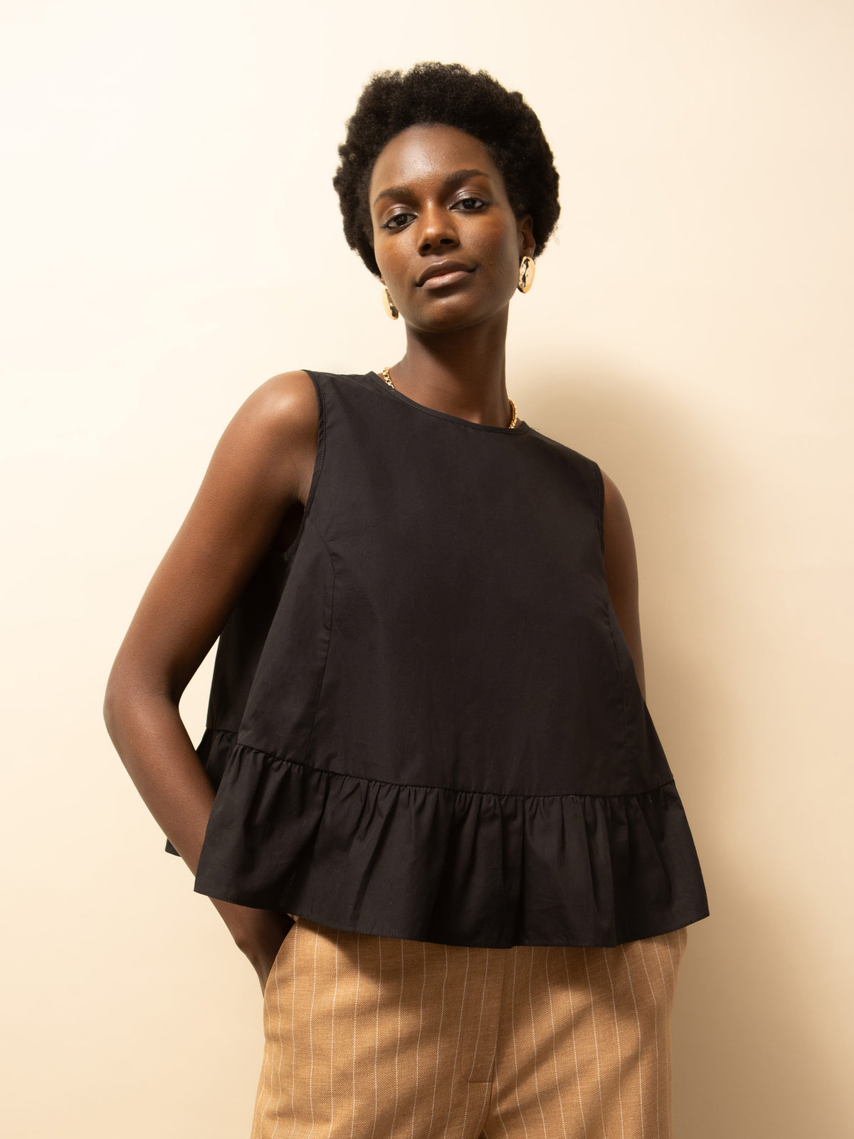 Black Frill Hem Cotton Top