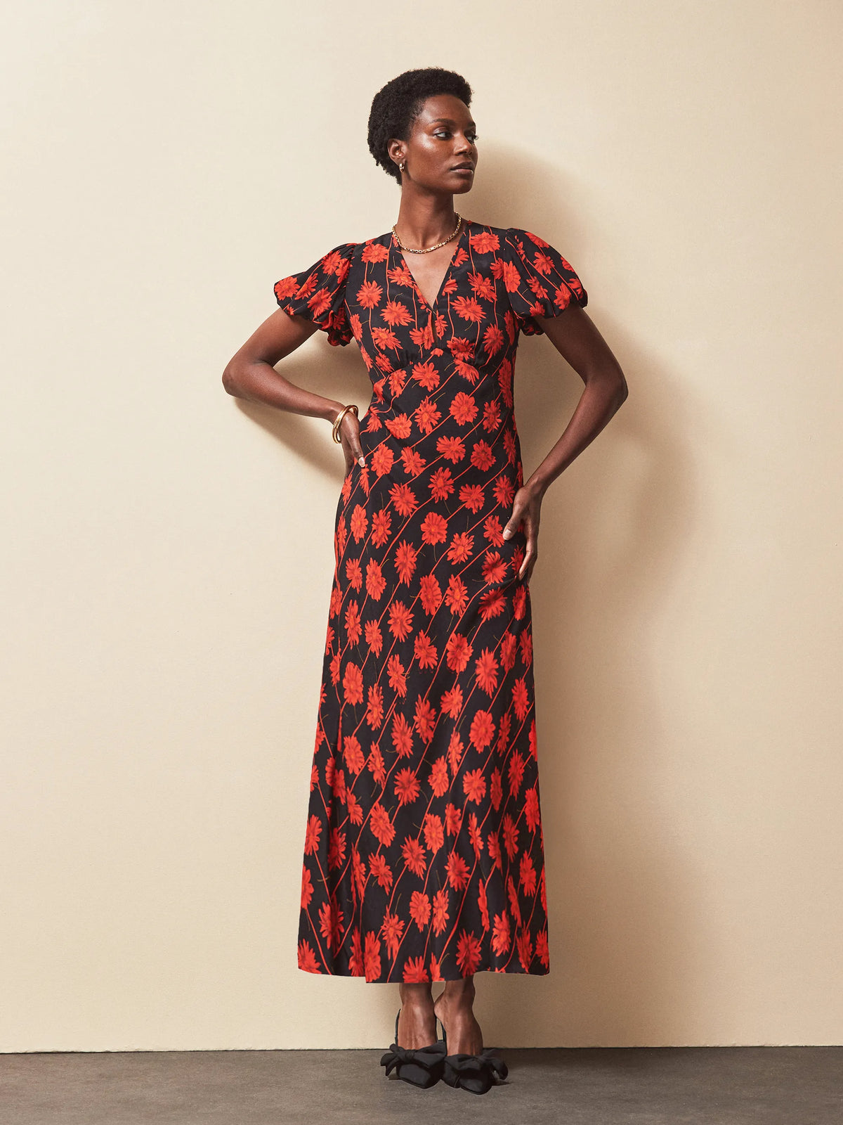 Petite Red Rose Stripe V Neck Keyhole Dress