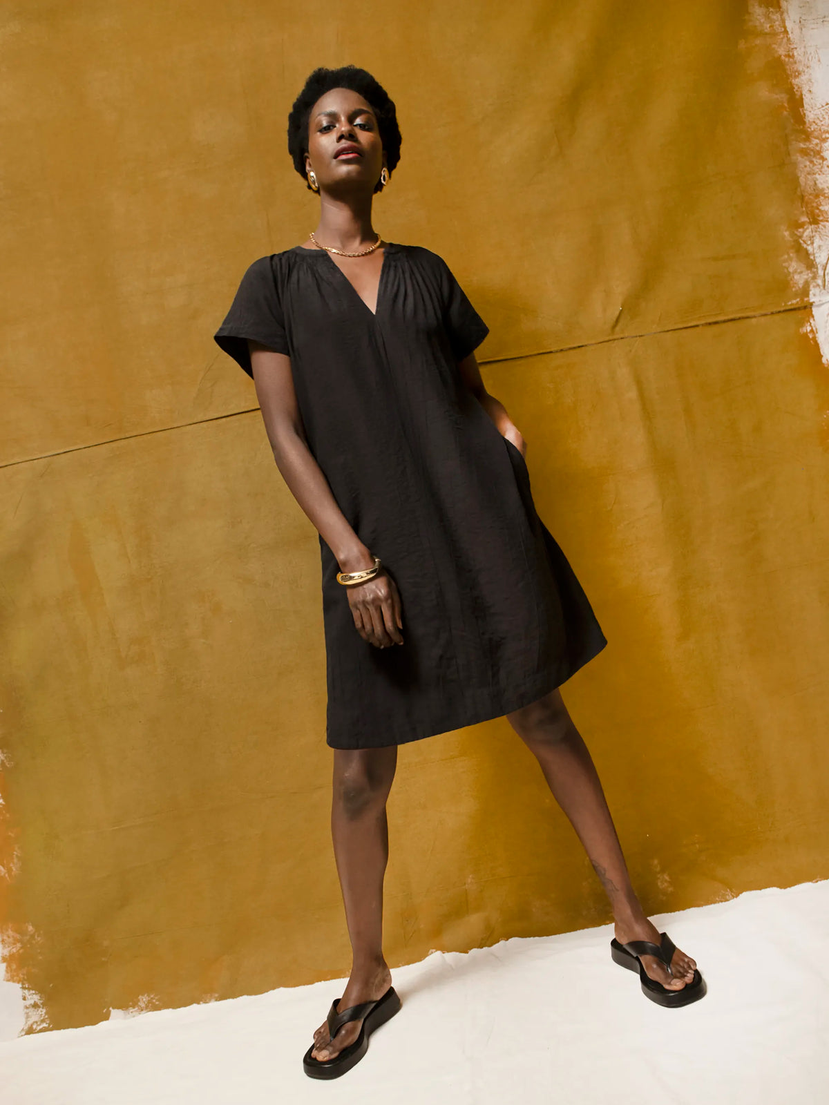 Black Gathered Neck Short Dress