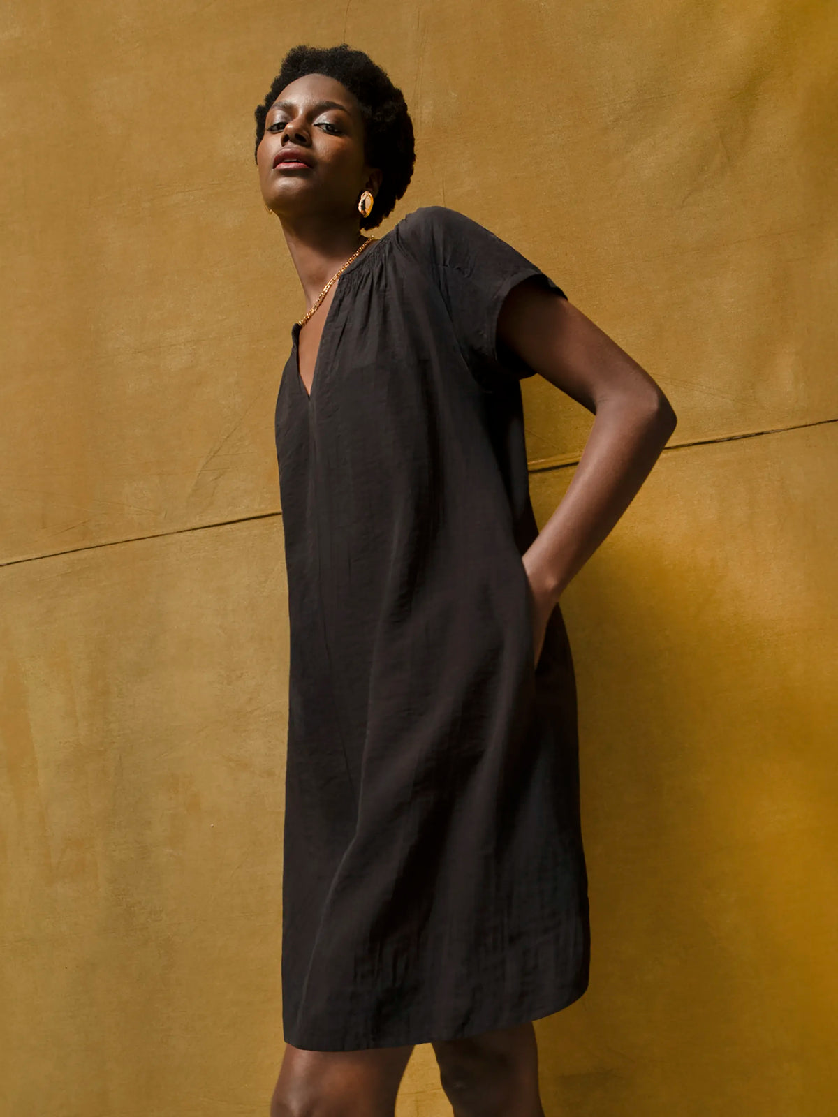 Black Gathered Neck Short Dress