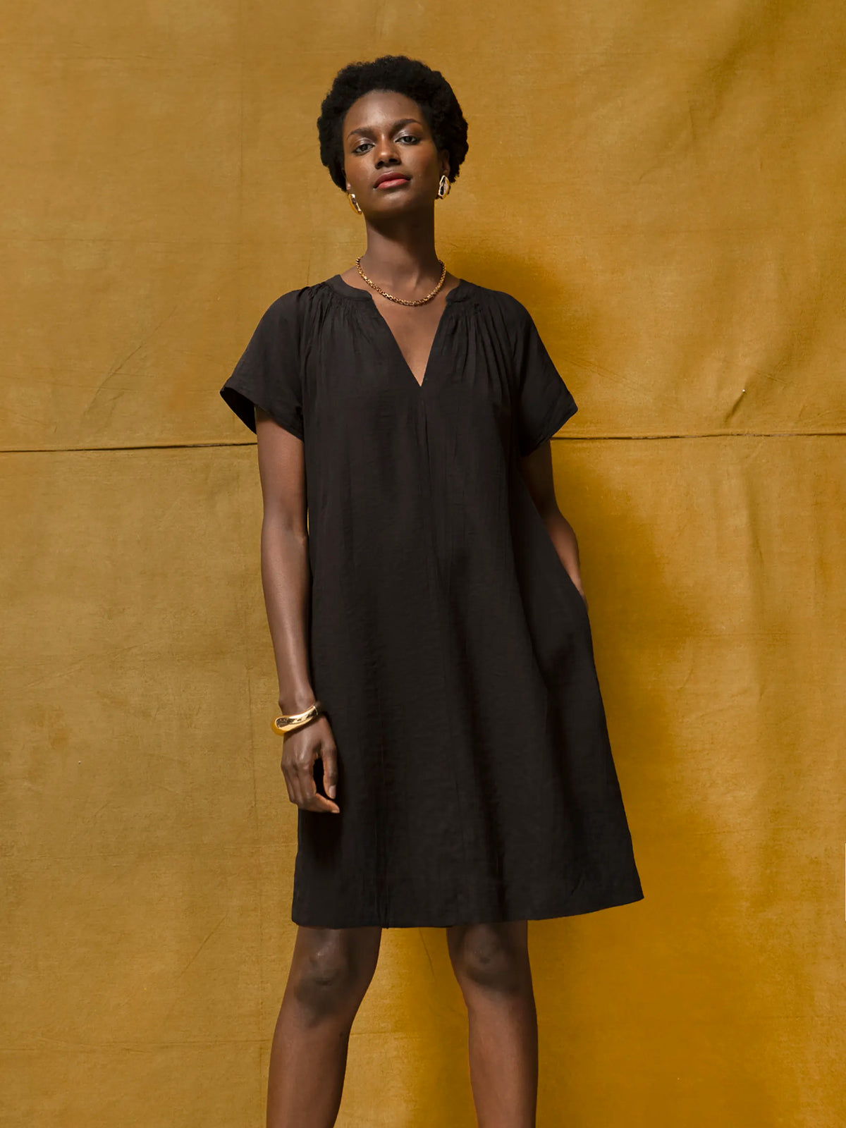 Black Gathered Neck Short Dress