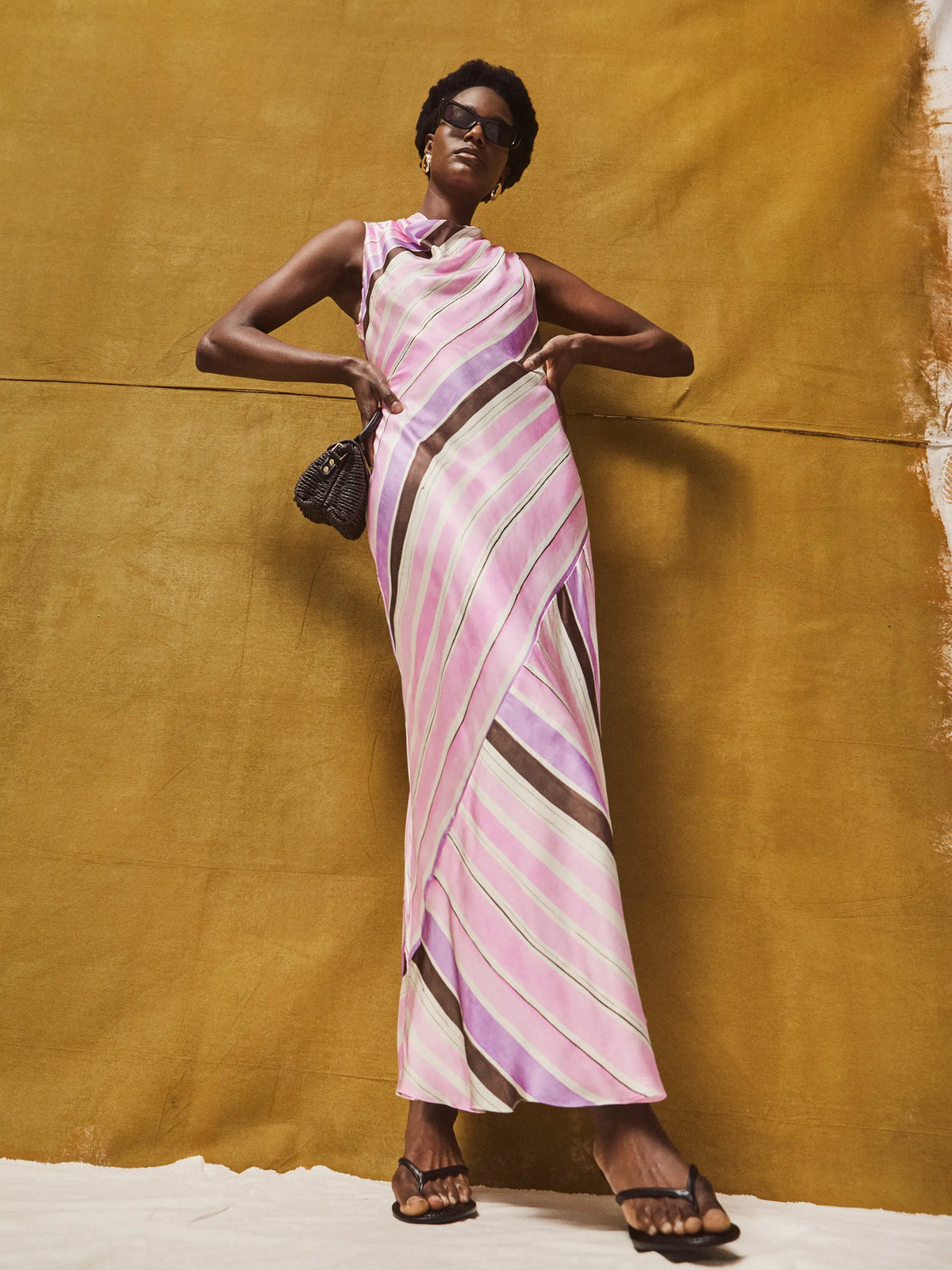 Petite Phoebe Pink Stripe Cowl Neck Satin Dress
