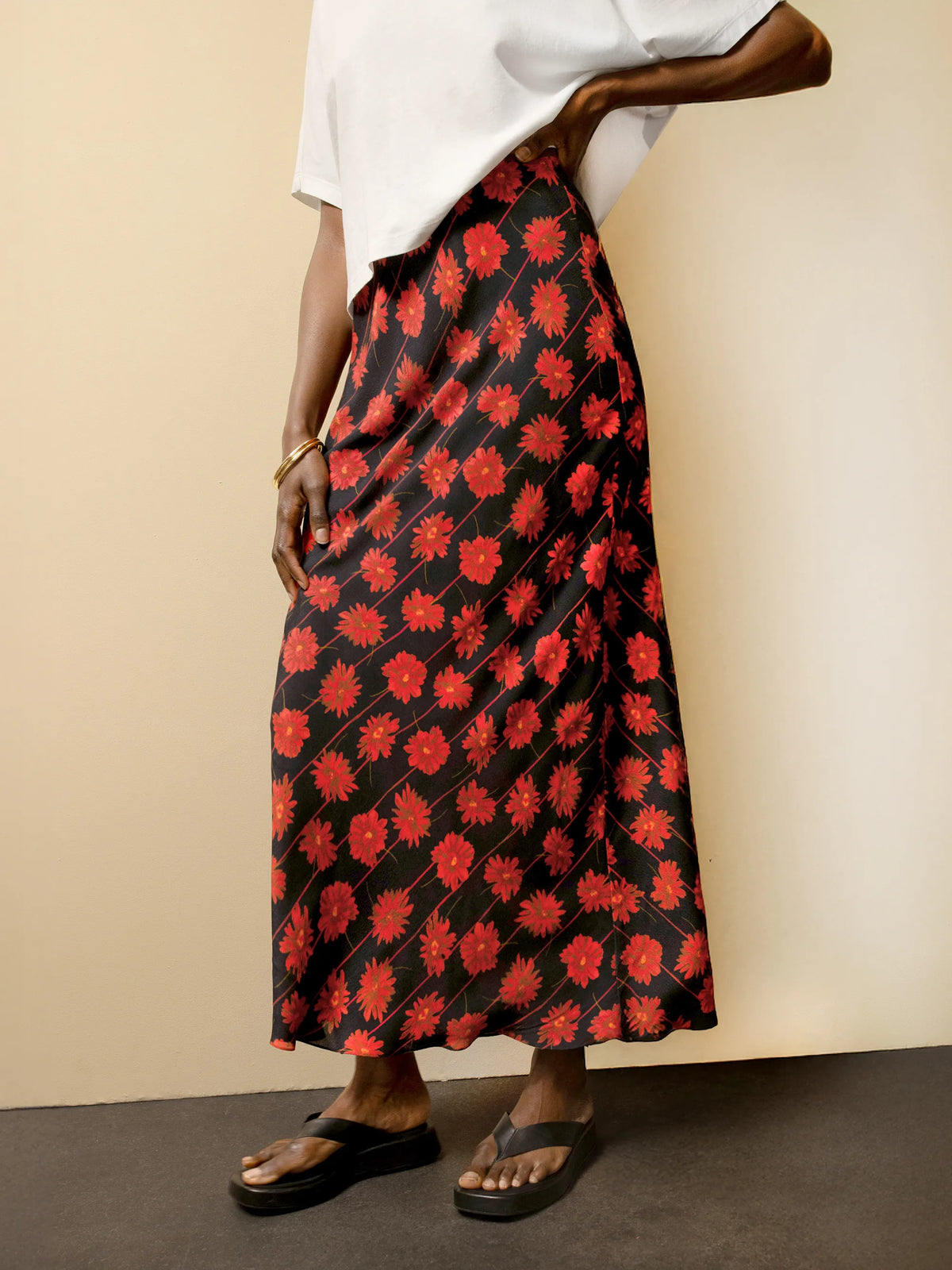 Red Daisy-Print Striped Bias-Cut Skirt