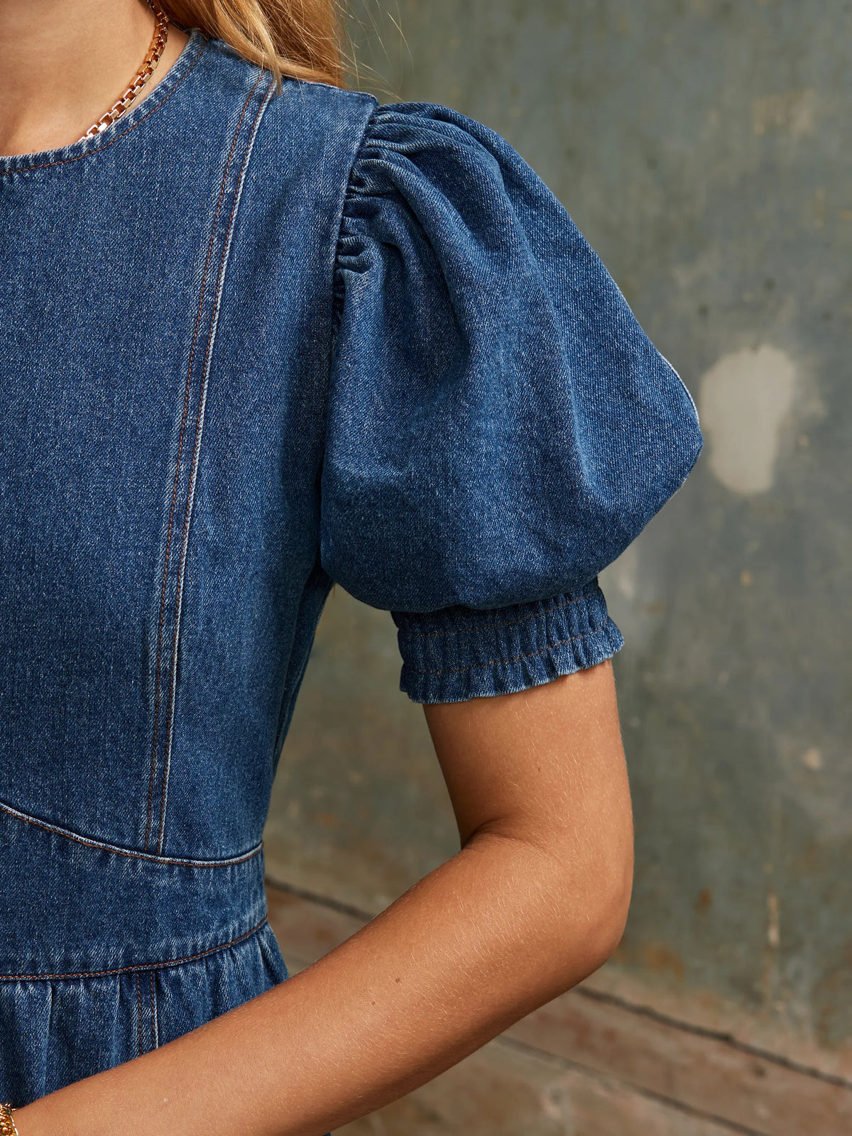 Petite Blue Denim Puff Sleeve Midi Dress