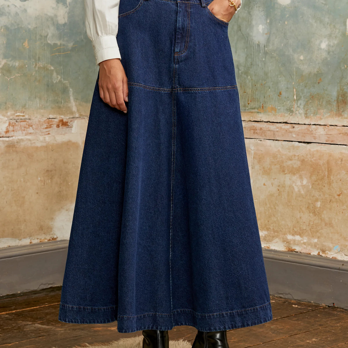 Dark-Blue Denim Flared Maxi Skirt – Ro&Zo
