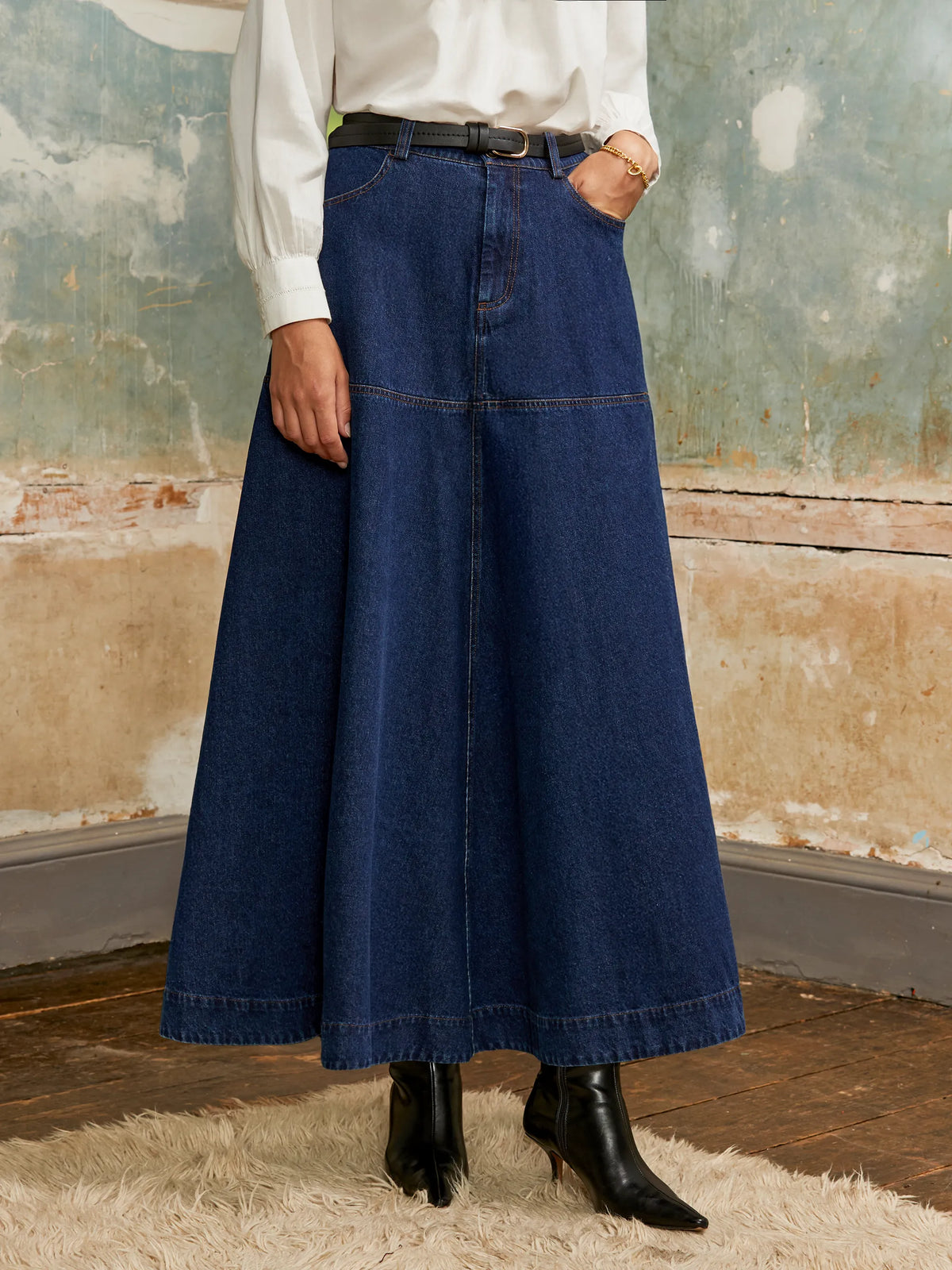 Petite Denim Flared Maxi Skirt