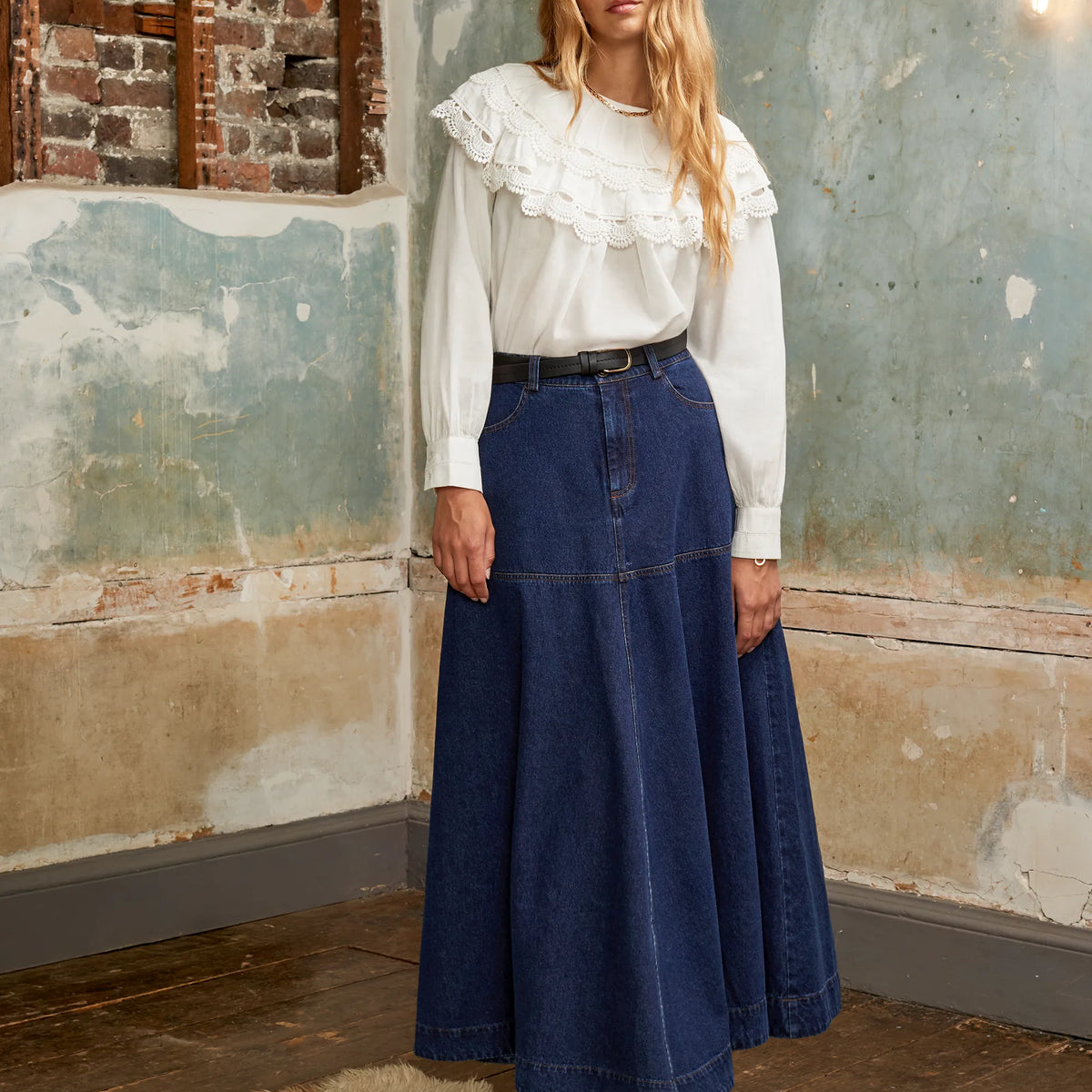 Dark-Blue Denim Flared Maxi Skirt – Ro&Zo